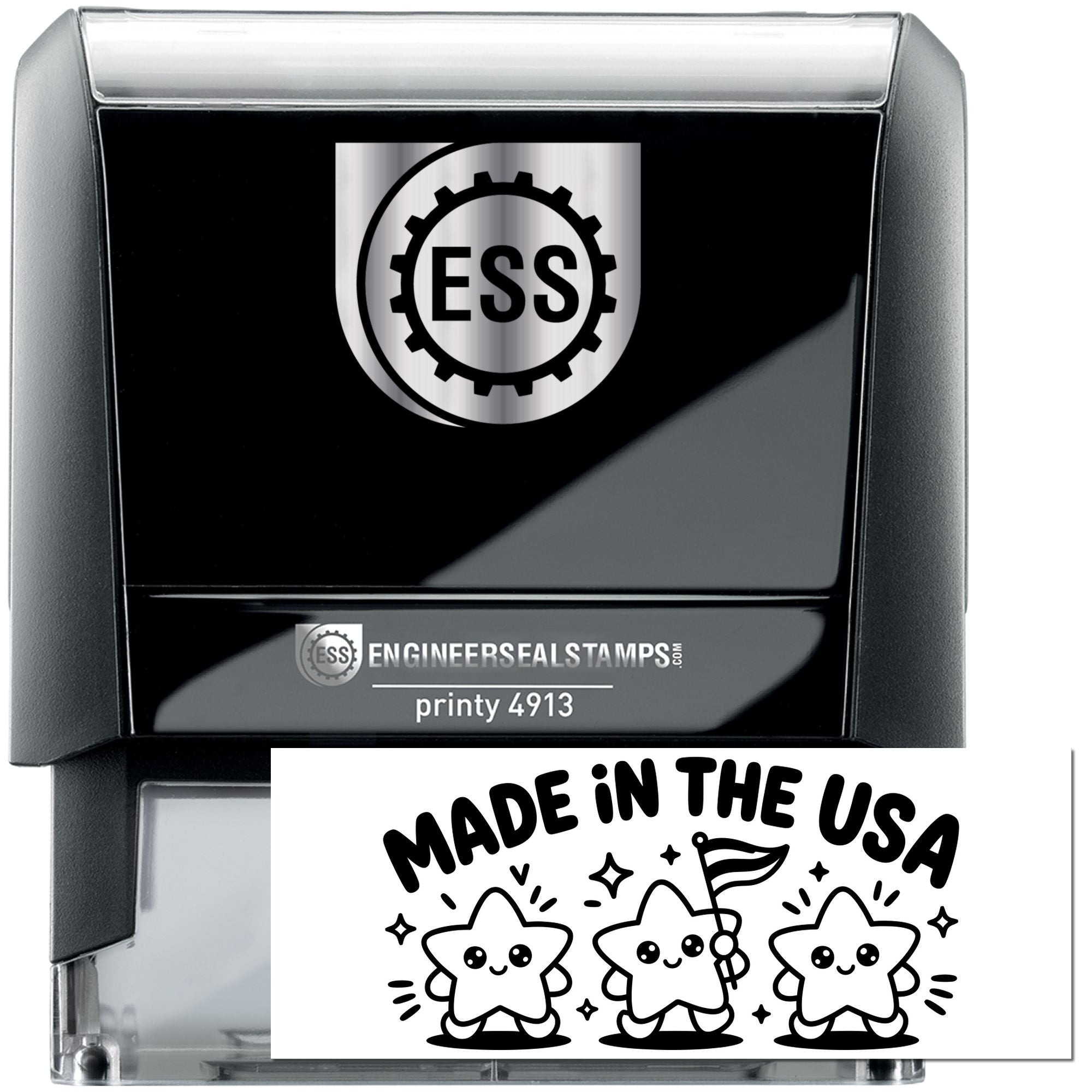 Black ESS self-inking stamp and seal with silver logo, printy 4913, and a Made in the USA design