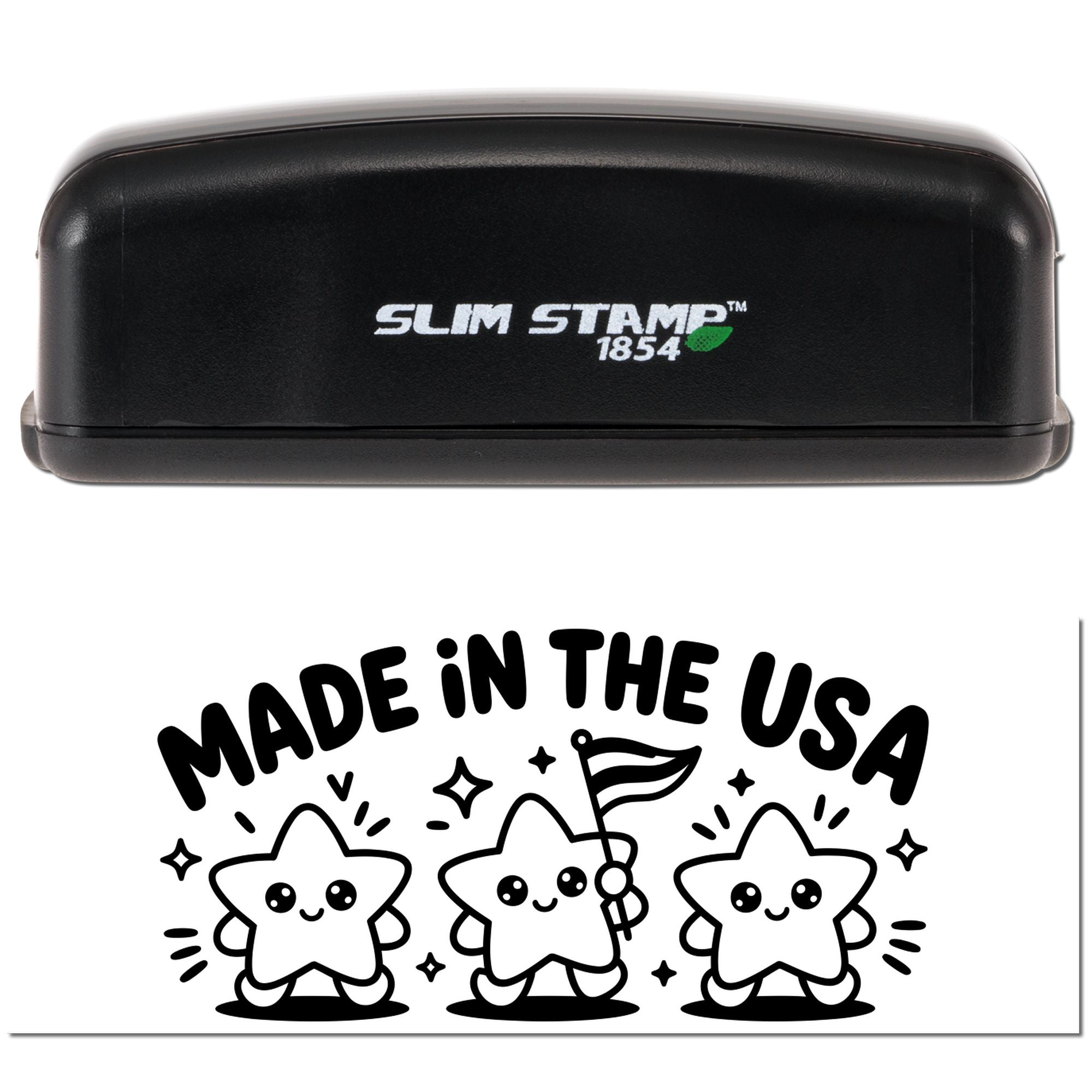 Black Slim Stamp 1854 stamp and seal set with white lettering and a black-and-white Made in the USA star design.