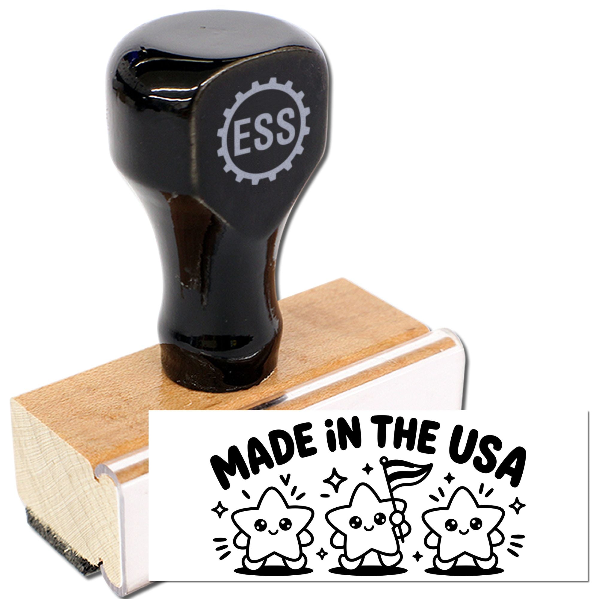 Black ESS rubber stamp and seal with wooden handle, showing Made in the USA design on white background.