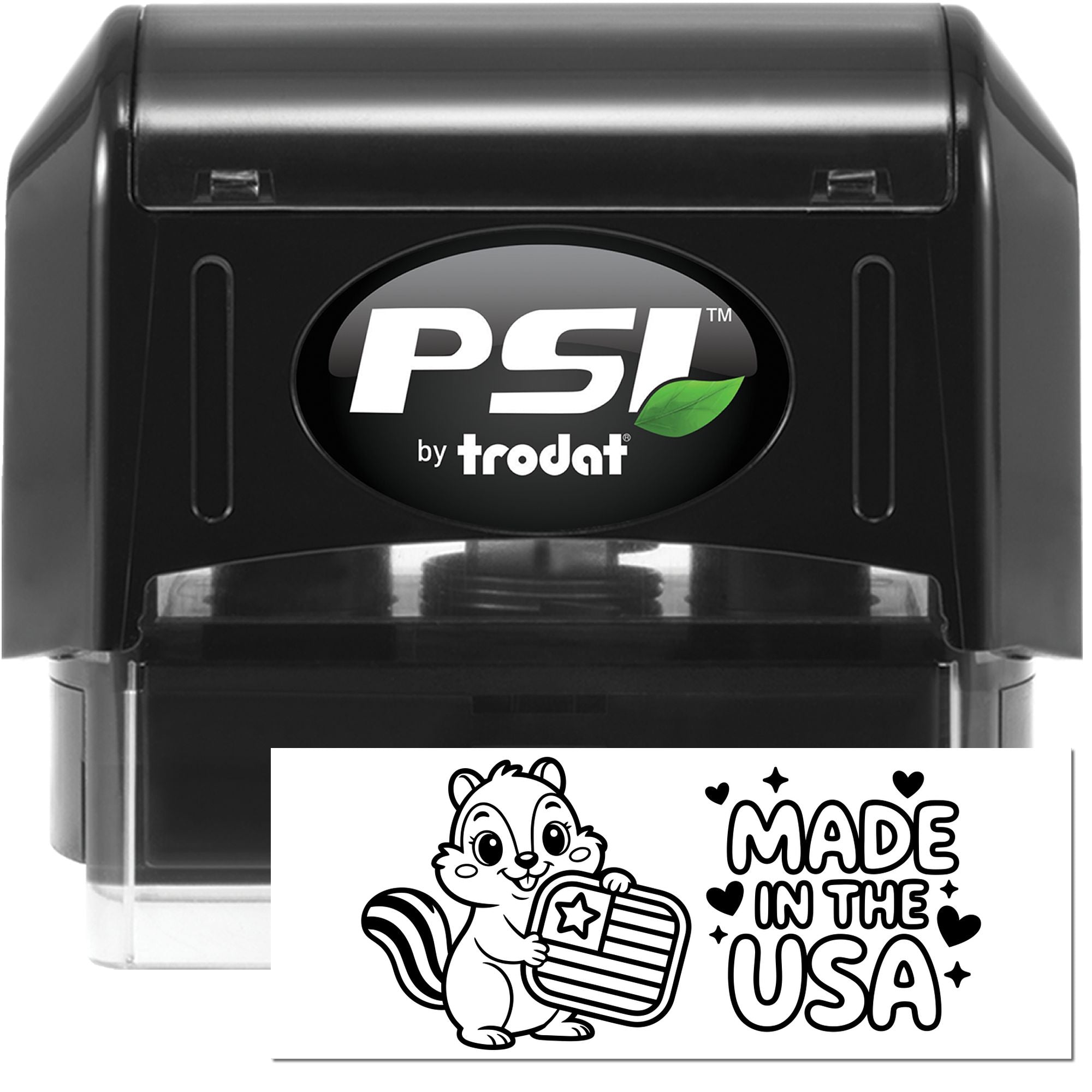 Black PSI by Trodat self-inking stamp and seal with clear case, featuring a black-and-white Made in the USA squirrel design.