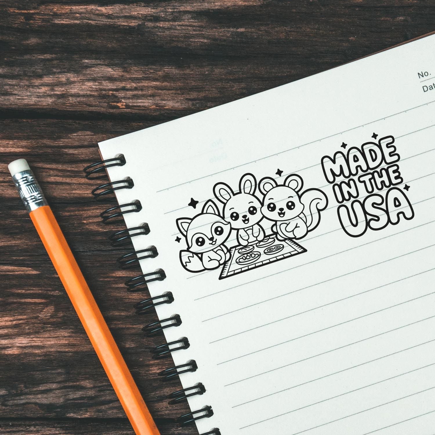 Black-and-white Made in the USA stamp and seal with cute animals on a white spiral notebook, beside an orange pencil.