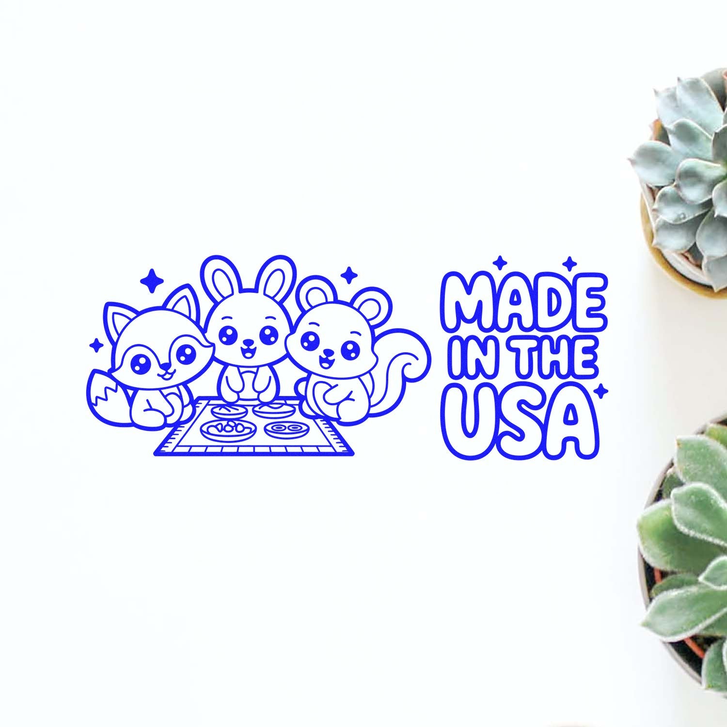 Blue Made in the USA stamp and seal design with cute fox, bunny, and bear characters.