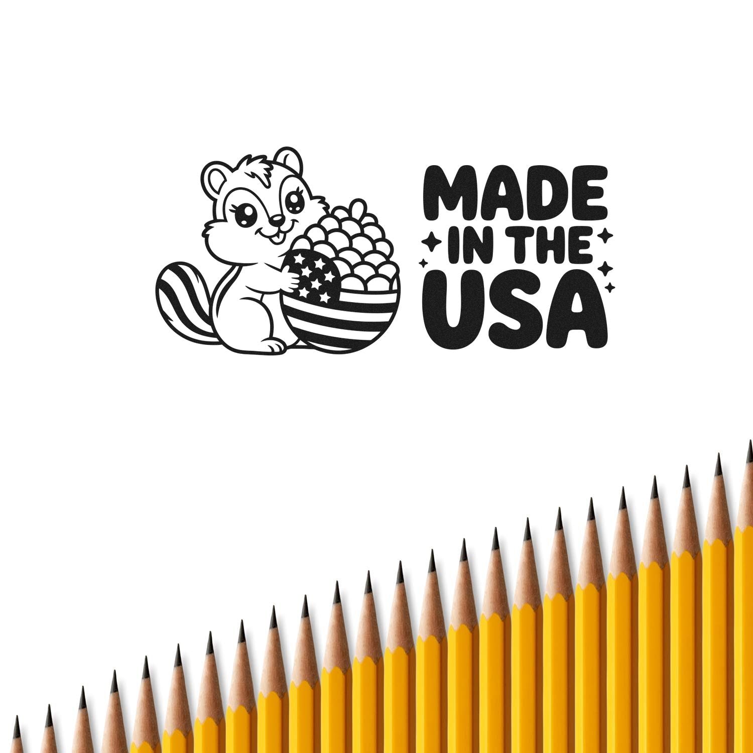 Black Made in the USA stamp/seal design with smiling squirrel and stars-and-stripes acorn, on white with yellow pencils.