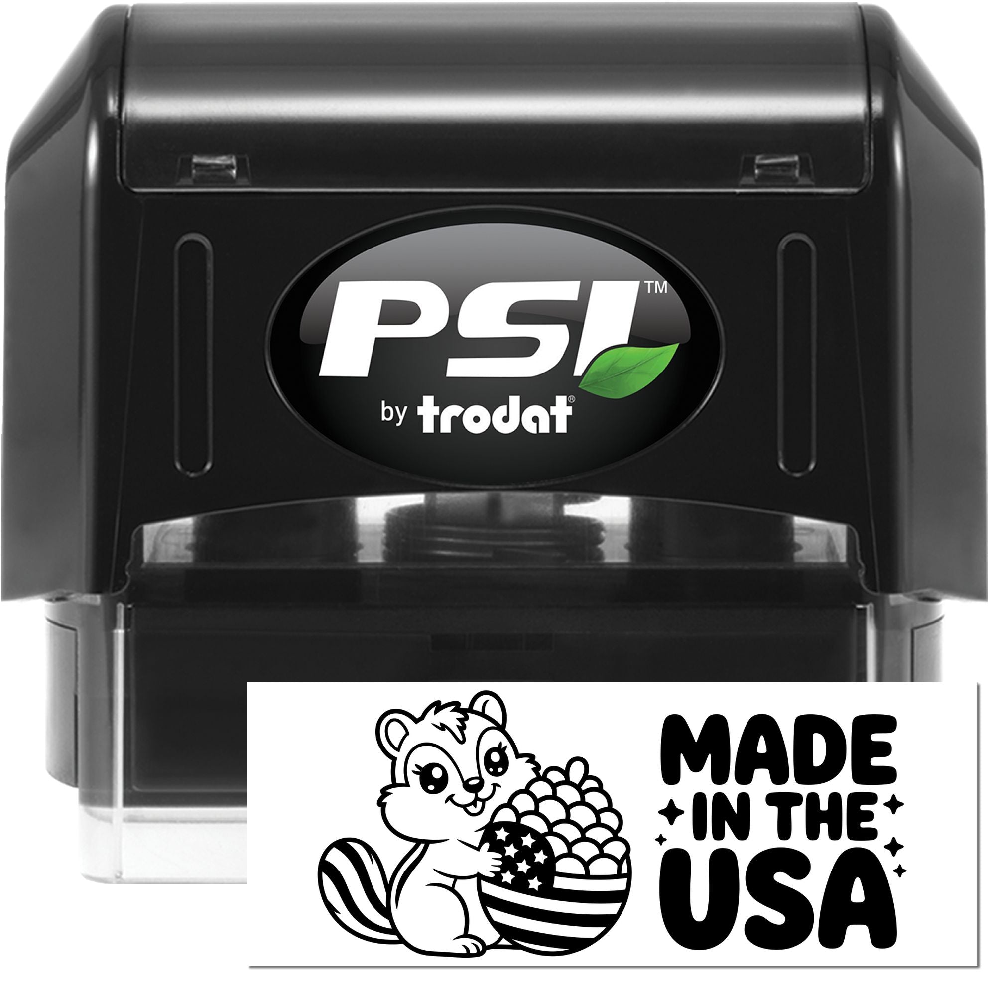 Black PSI by Trodat self-inking stamp with green leaf logo and USA seal impression featuring squirrel design
