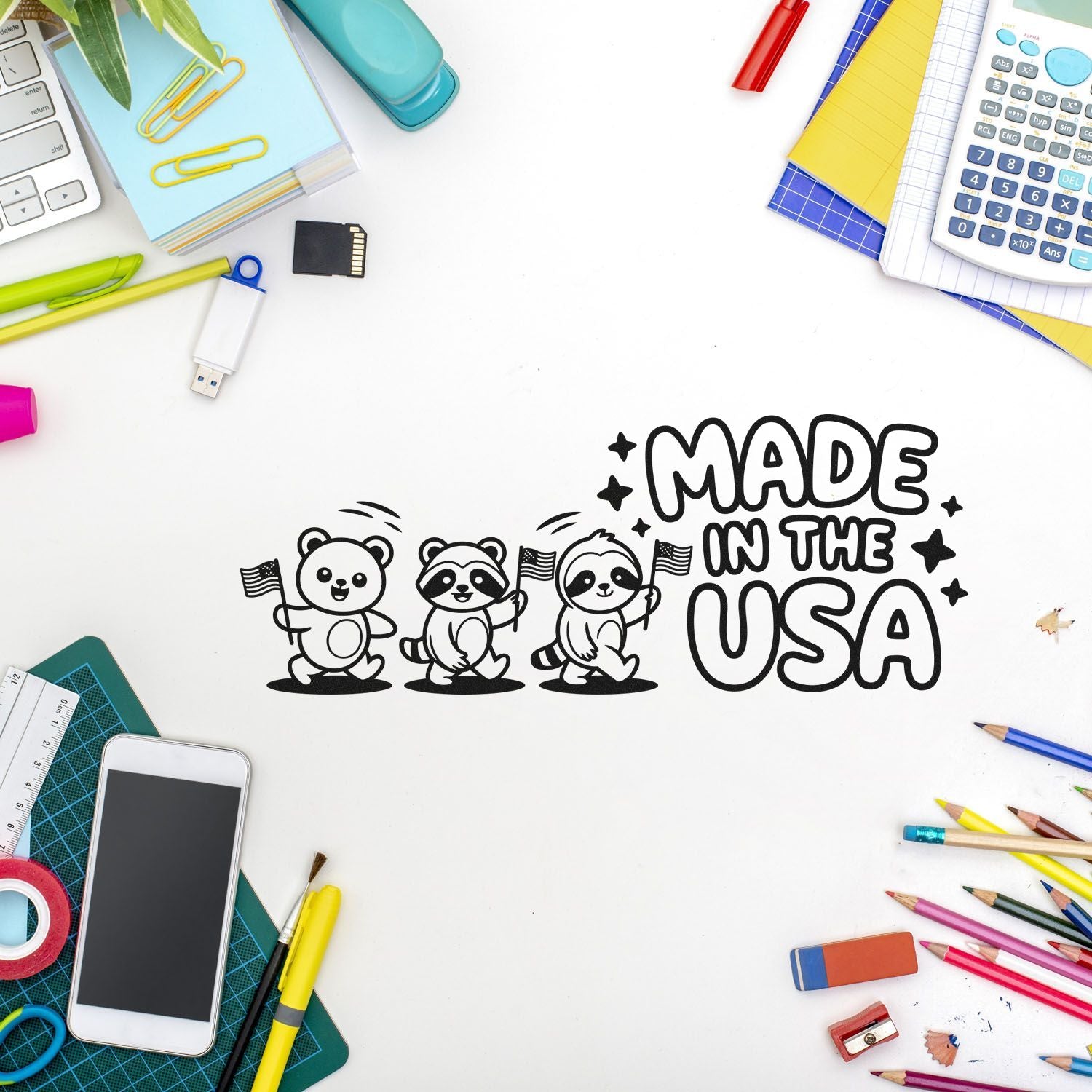 Black Made in the USA stamp and seal design with cartoon animals and US flags, surrounded by colorful stationery.