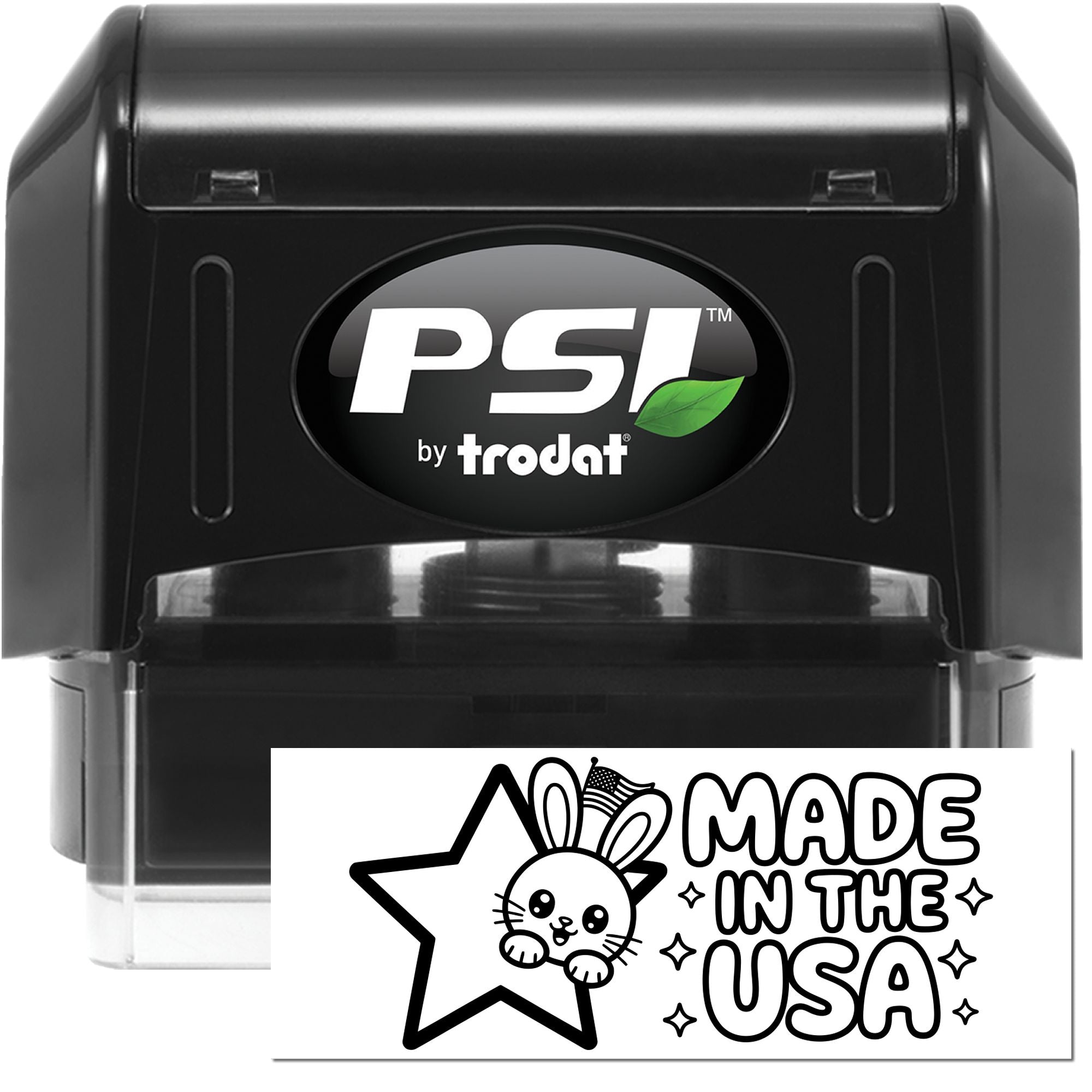 Black PSI by Trodat self-inking stamp and seal, black with clear base and white Made in the USA graphic.
