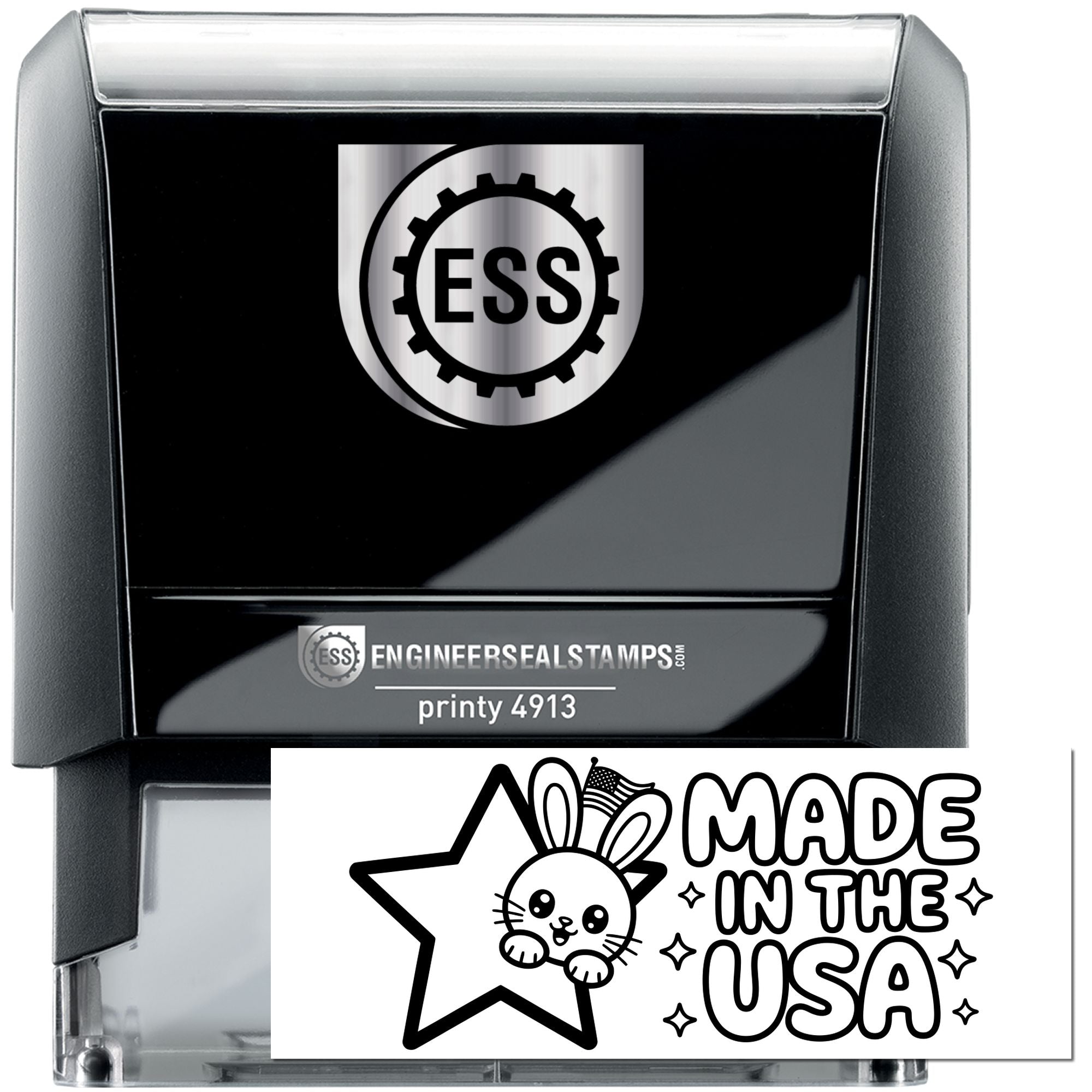 Black self-inking engineer seal stamp with silver ESS logo, clear handle, and Made in the USA graphic.