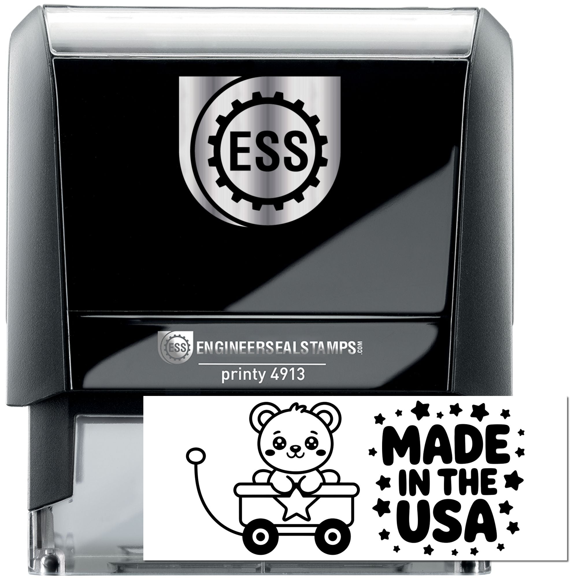 Black self-inking engineer seal stamp with silver ESS logo, clear base, and Made in the USA bear design.