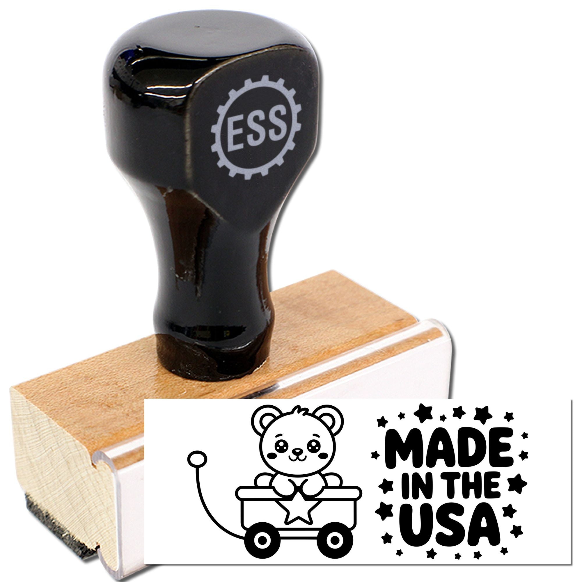 Black rubber stamp on wood base with ESS logo and a black-and-white Made in the USA seal with teddy bear cart.