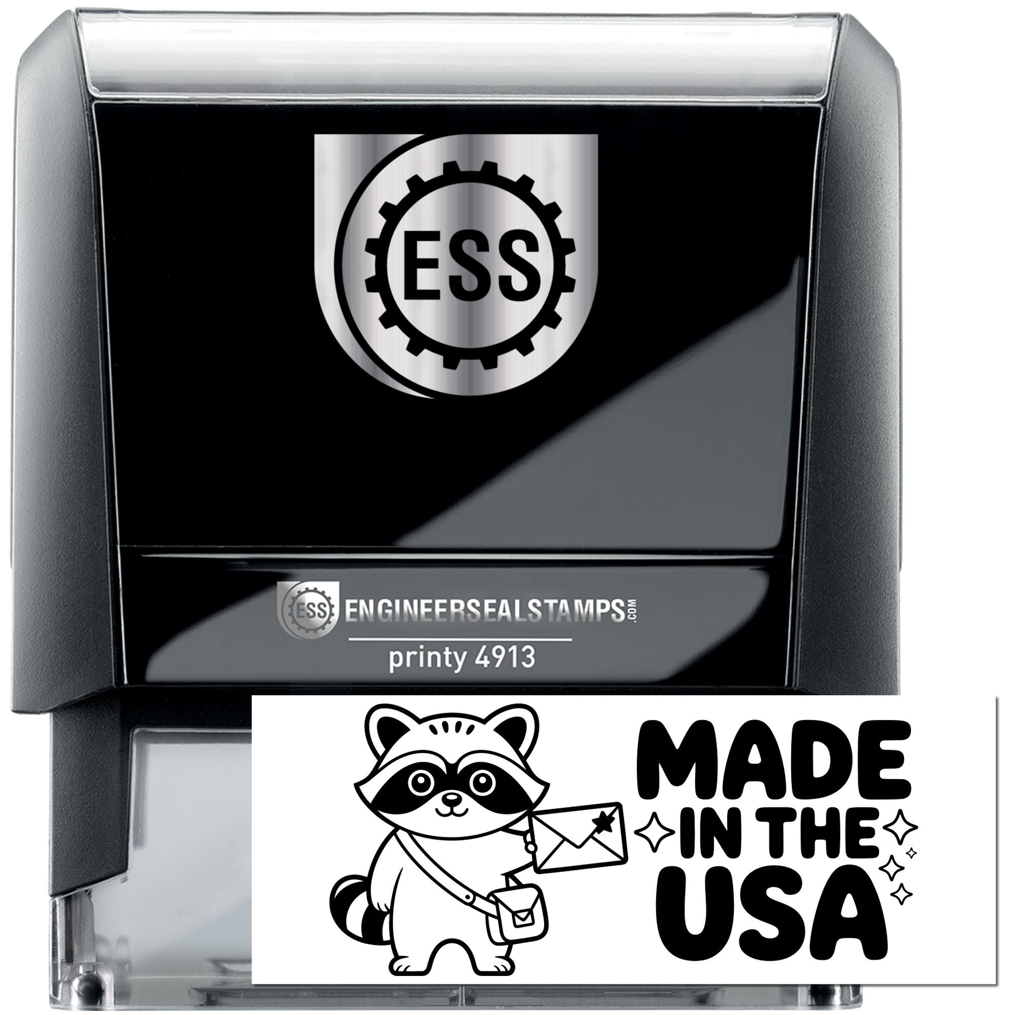 Black self-inking engineer seal stamp with silver ESS logo and clear Made in the USA label.