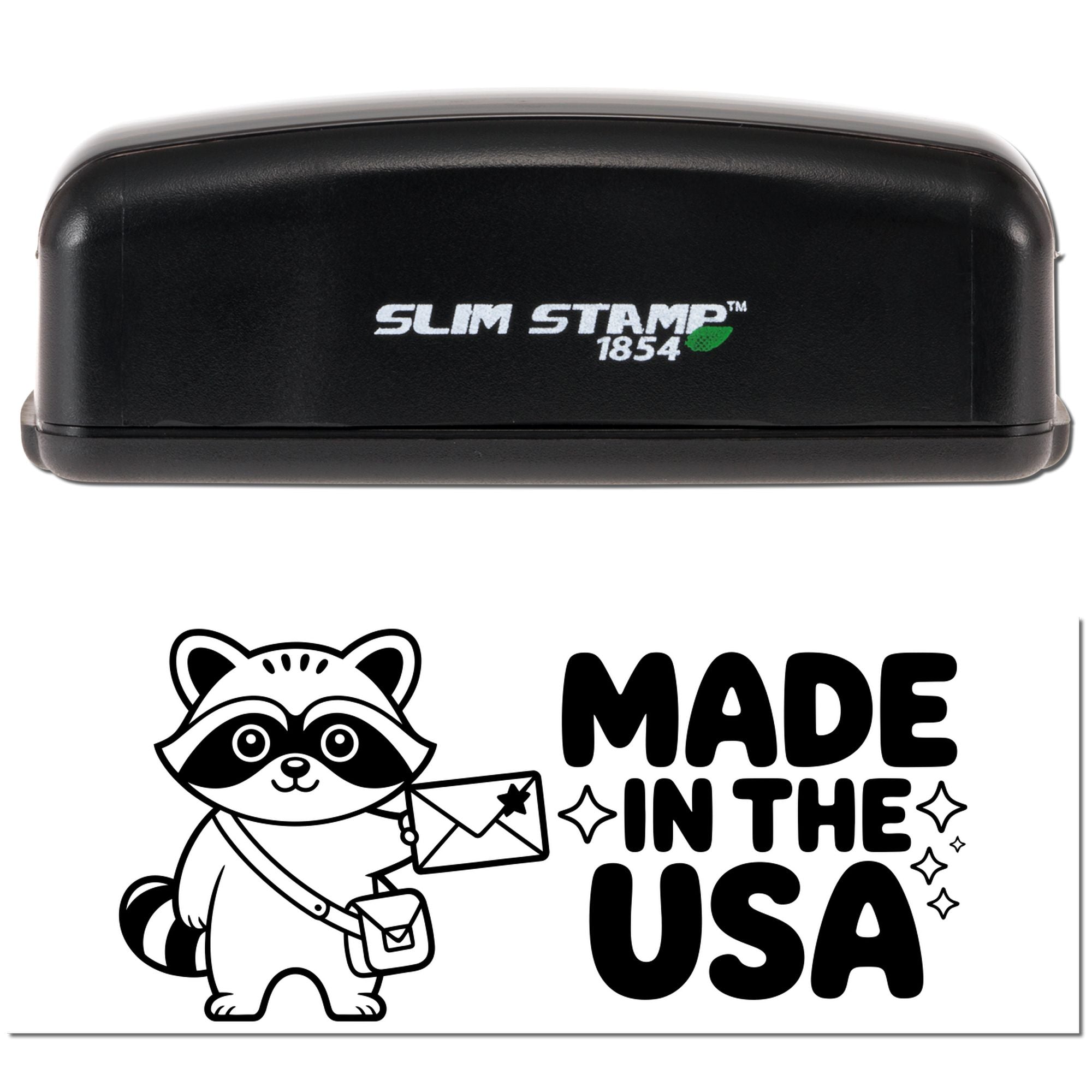 Black Slim Stamp 1854 self-inking stamp with green accent and raccoon mail seal, printing bold Made in the USA text.