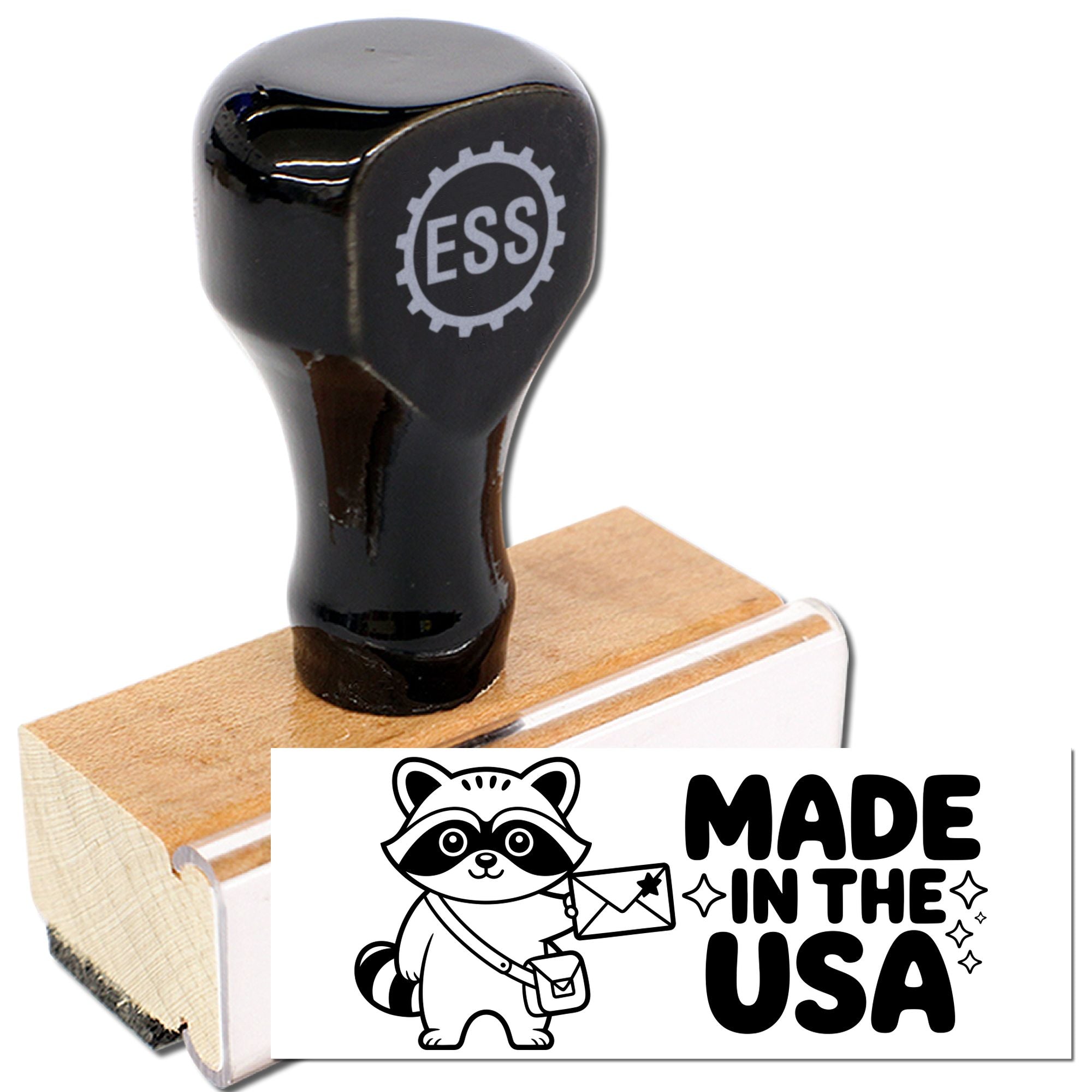 Black ESS rubber stamp seal with wooden handle, showing a raccoon Made in the USA design.