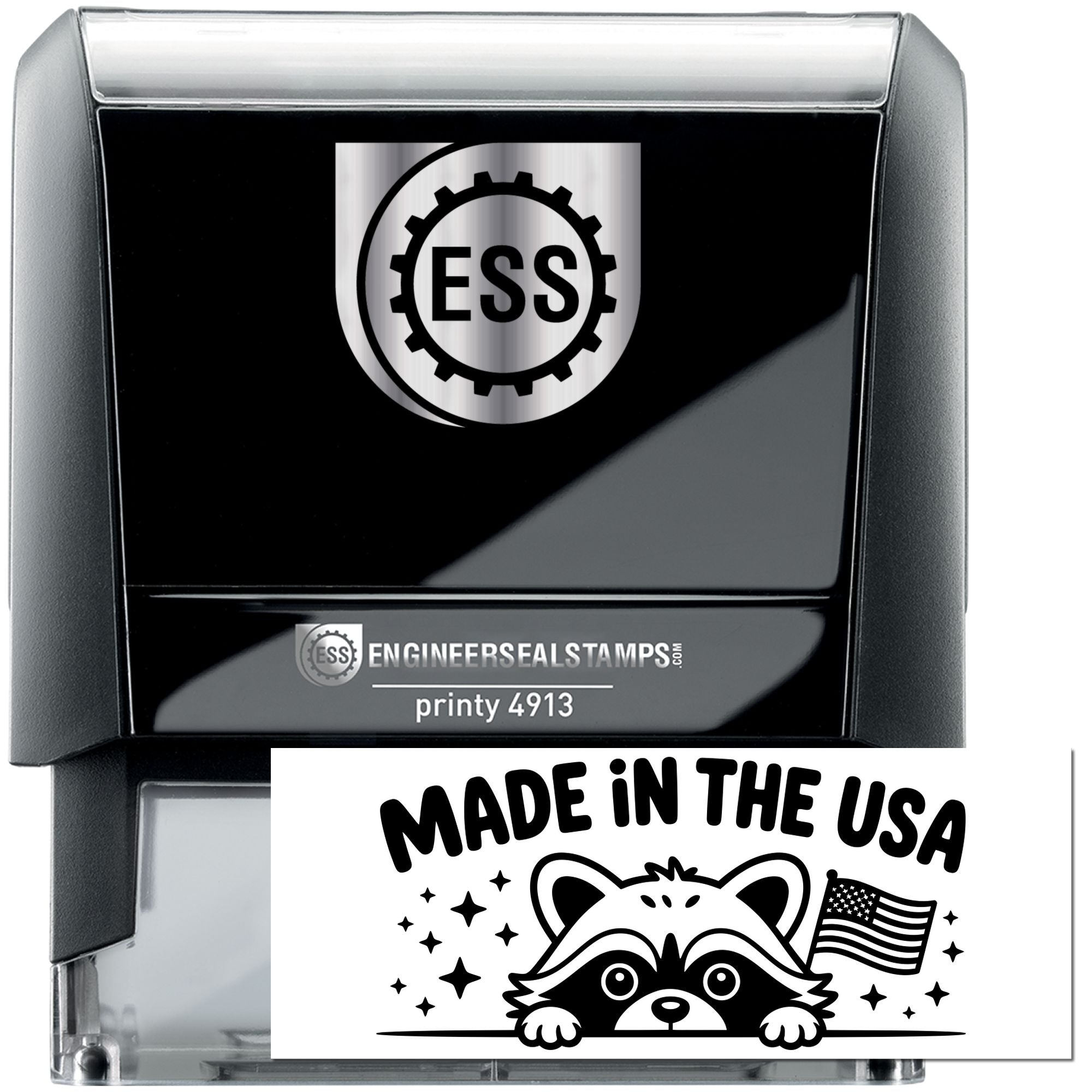Black and silver ESS self-inking stamp and seal with gear logo, printy 4913, and Made in the USA raccoon graphic