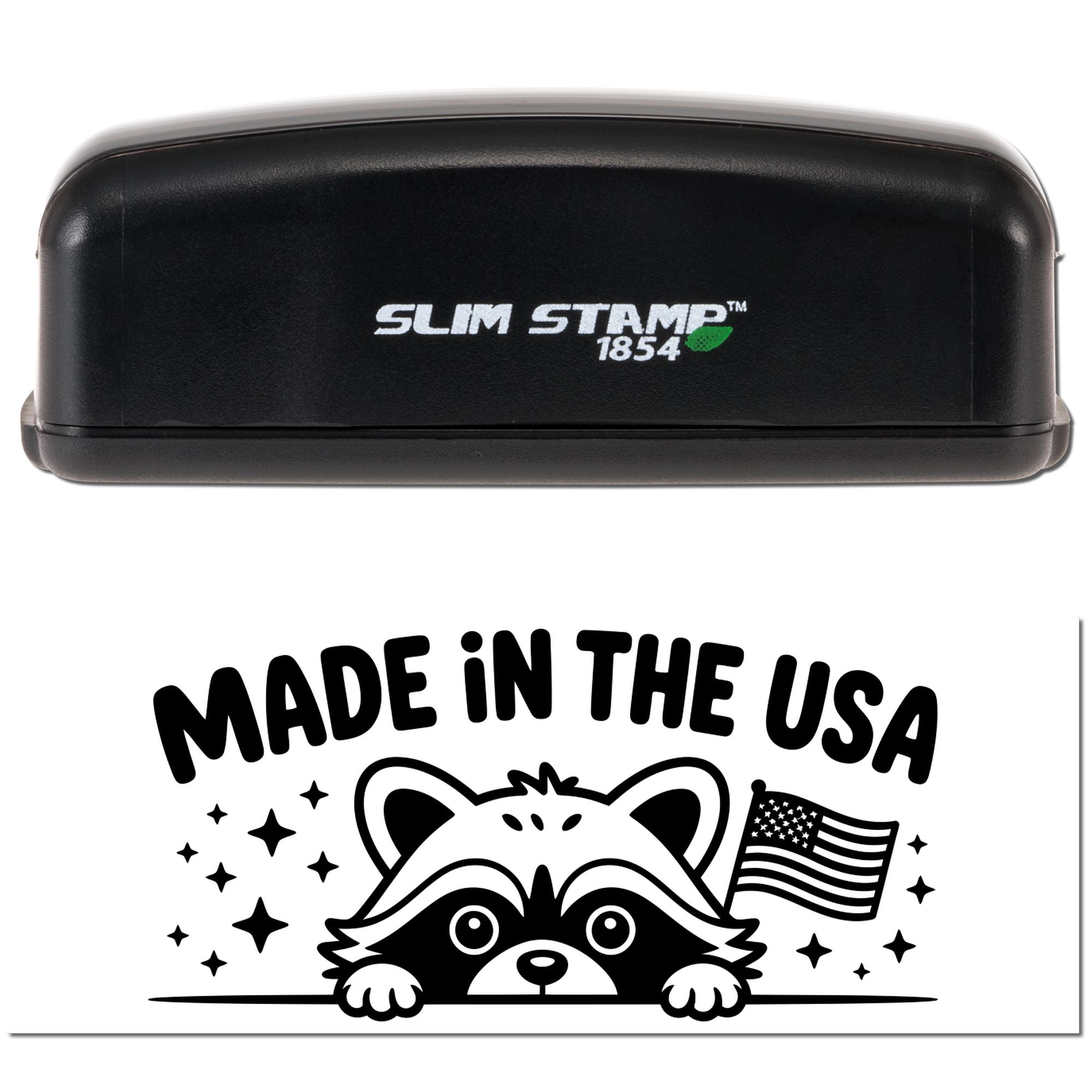 Black Slim Stamp 1854 self-inking stamp and seal with Made in the USA raccoon, stars, and American flag design.