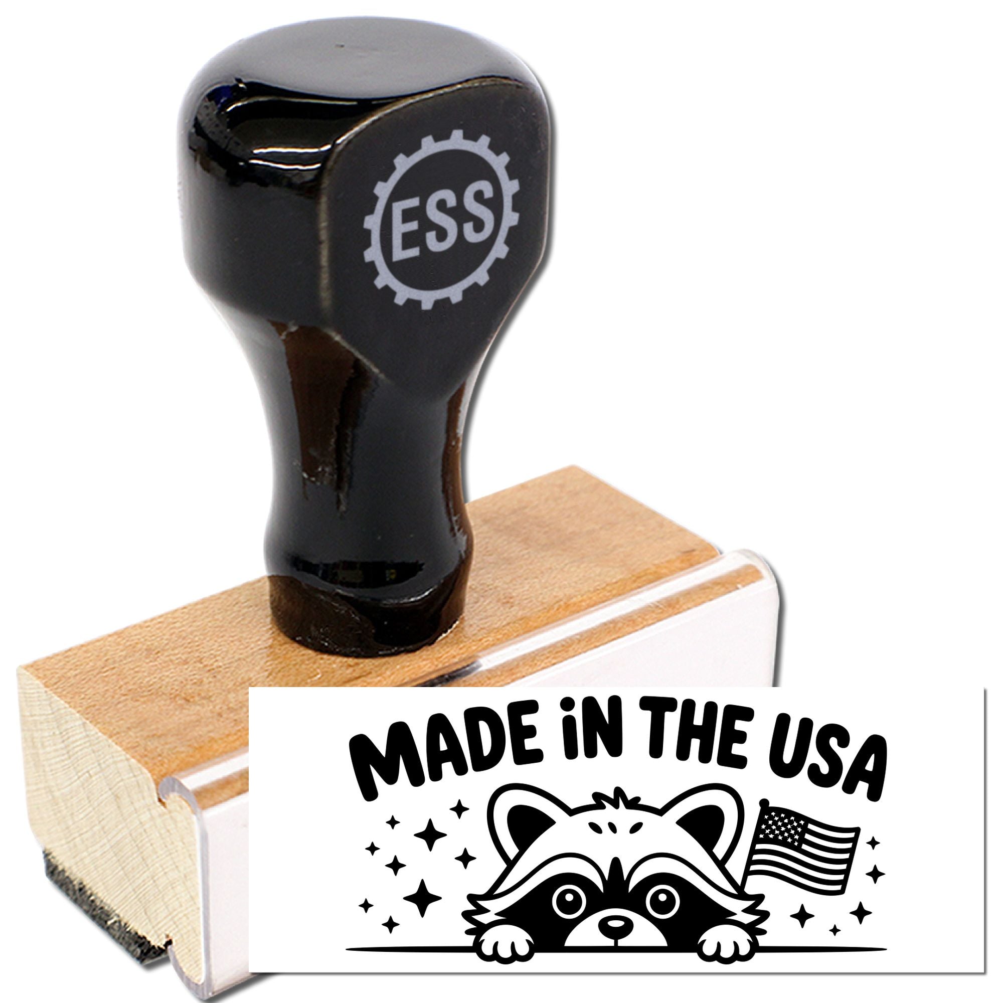 Black ESS custom stamp and seal on wooden base with a white Made in the USA raccoon design