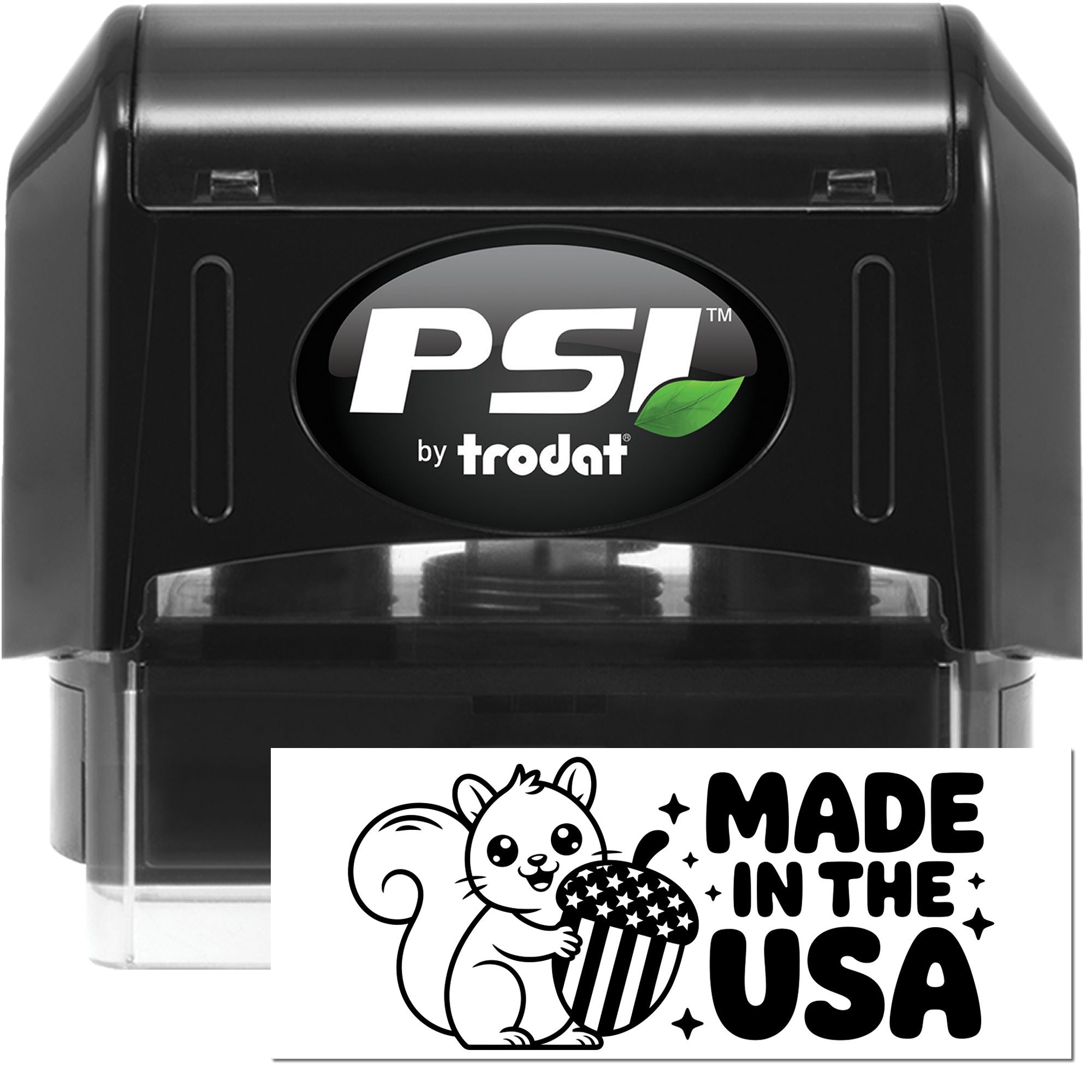 Black PSI by Trodat self-inking stamp with white and green logo, plus white Made in the USA seal sticker with squirrel and cupcake.