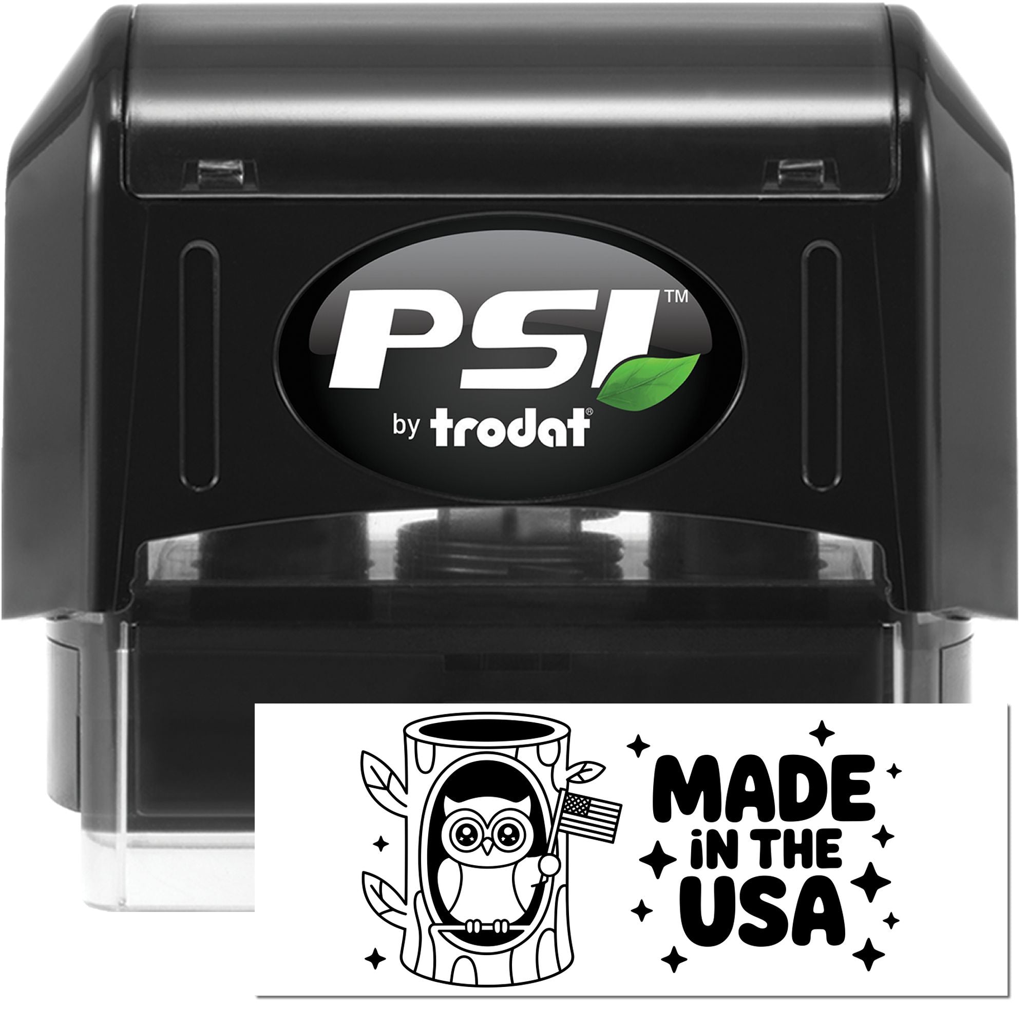 Black PSI by Trodat self-inking stamp and seal with green leaf logo, plus Made in the USA graphic.