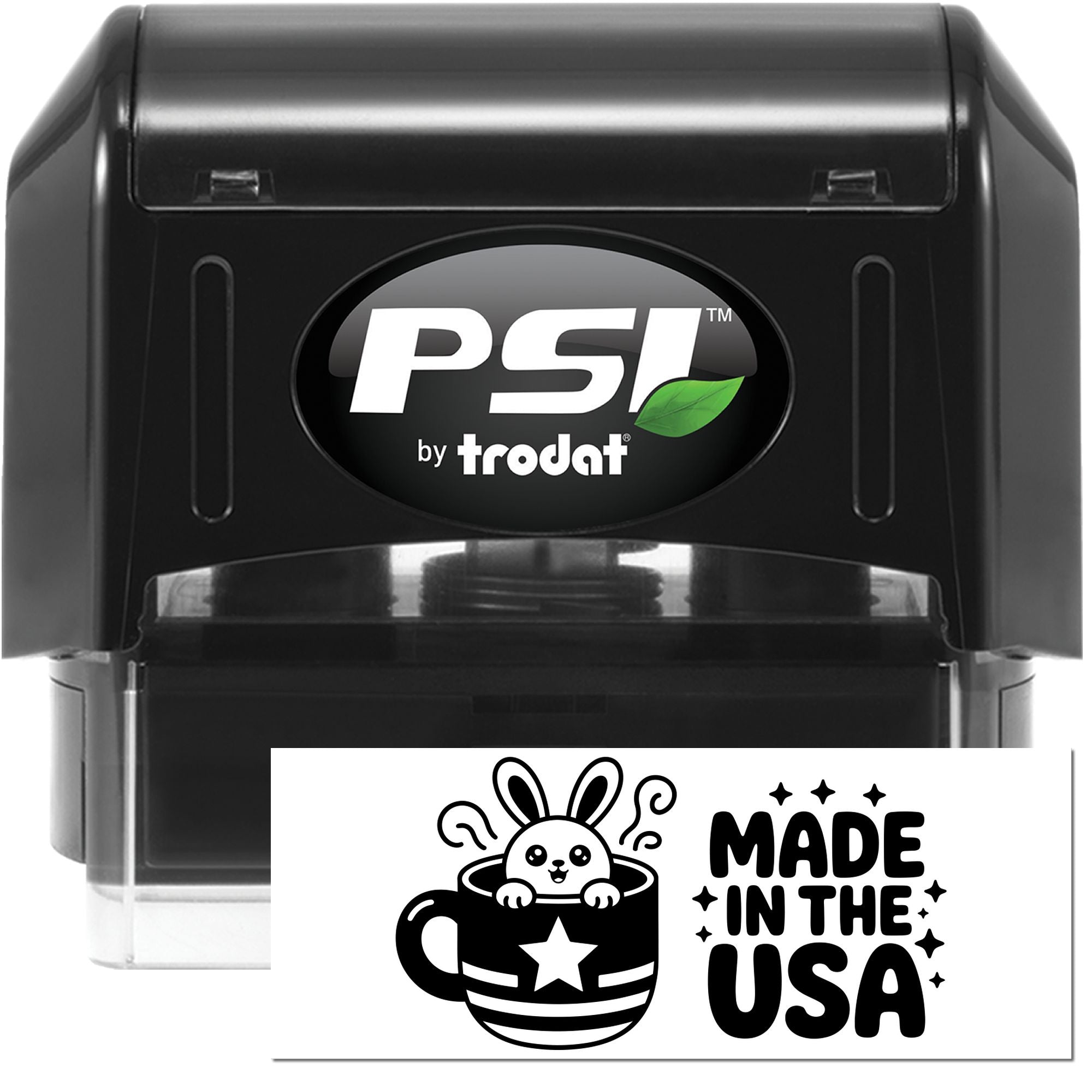 Black PSI by Trodat self-inking stamp and seal with clear base and white Made in the USA seal design.