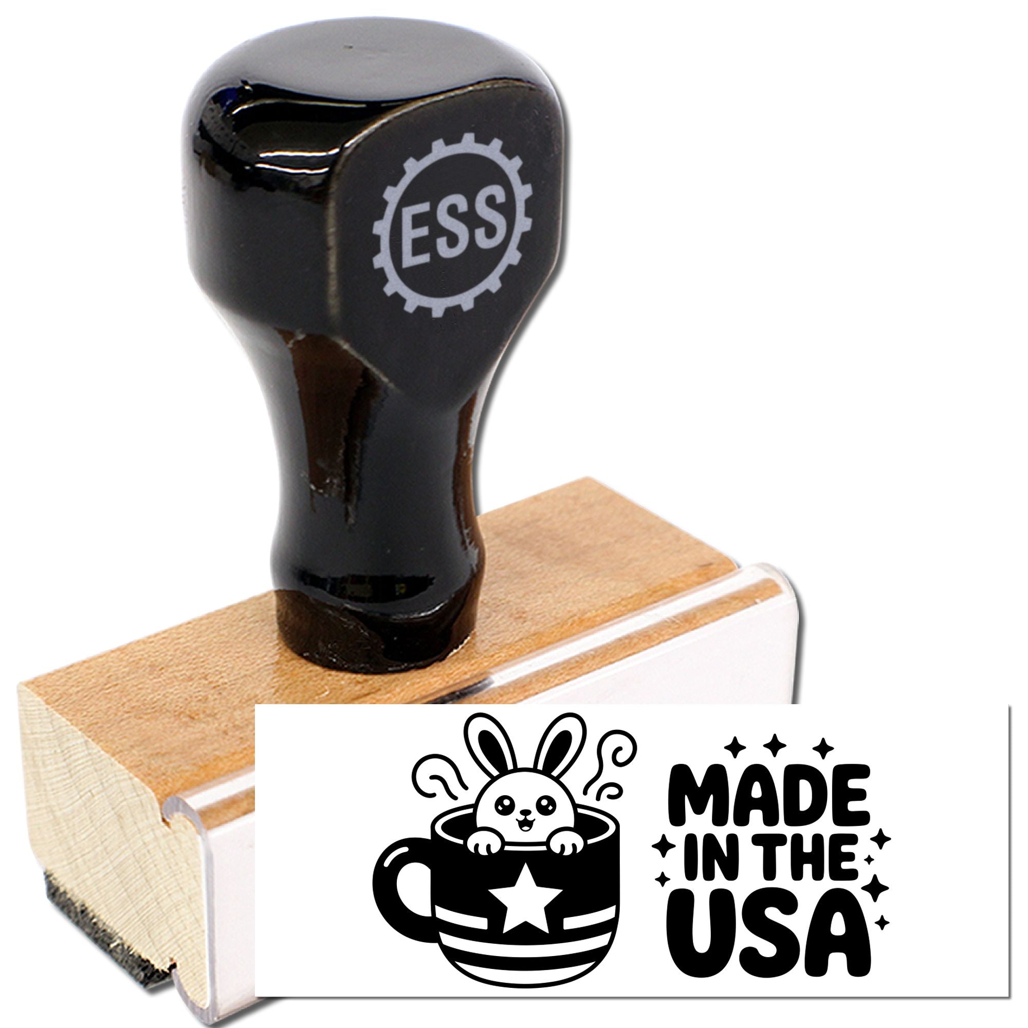 Black ESS stamp and seal on a wooden block, with a black-and-white Made in the USA bunny mug design.