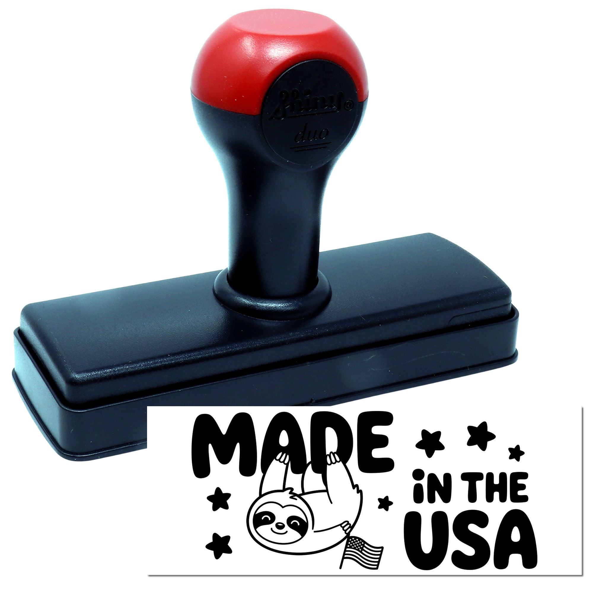 Red and black self-inking stamp with a Made in the USA sloth seal imprint.