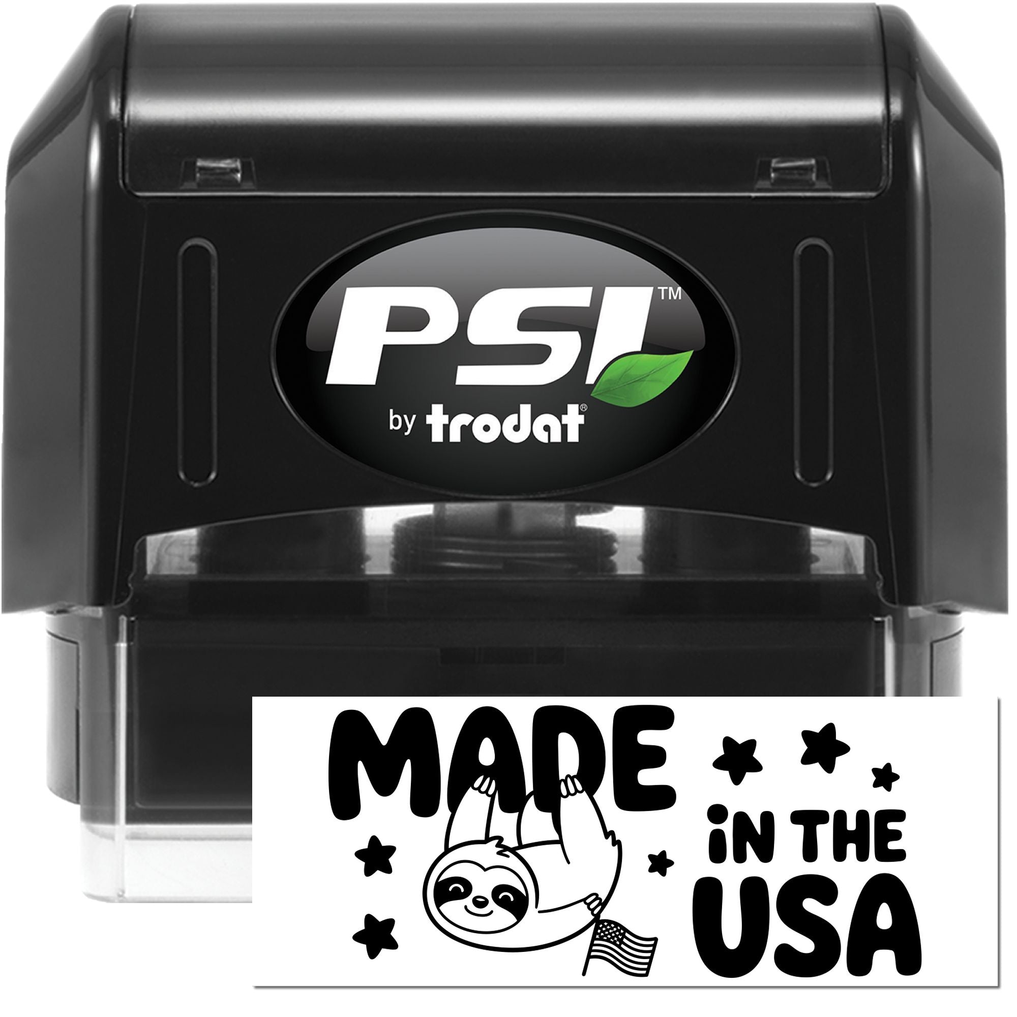 Black PSI by Trodat self-inking stamp with green leaf logo and Made in the USA seal on white background.