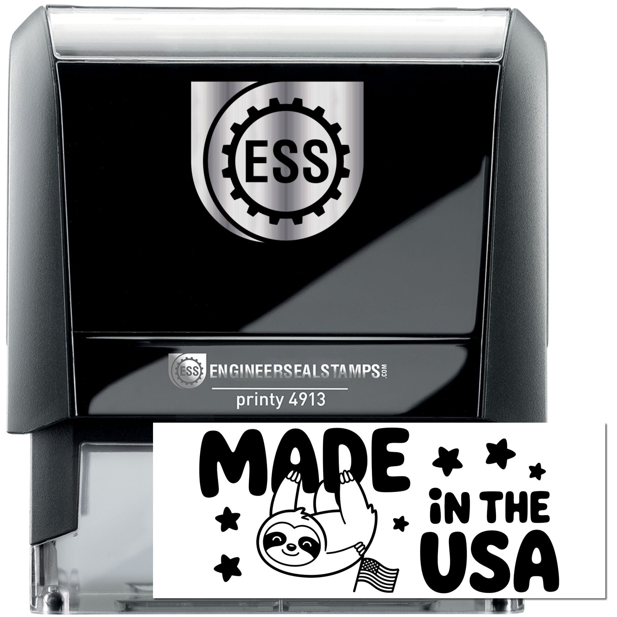 Black self-inking engineer seal stamp with silver ESS logo, clear case, and white Made in the USA imprint card.