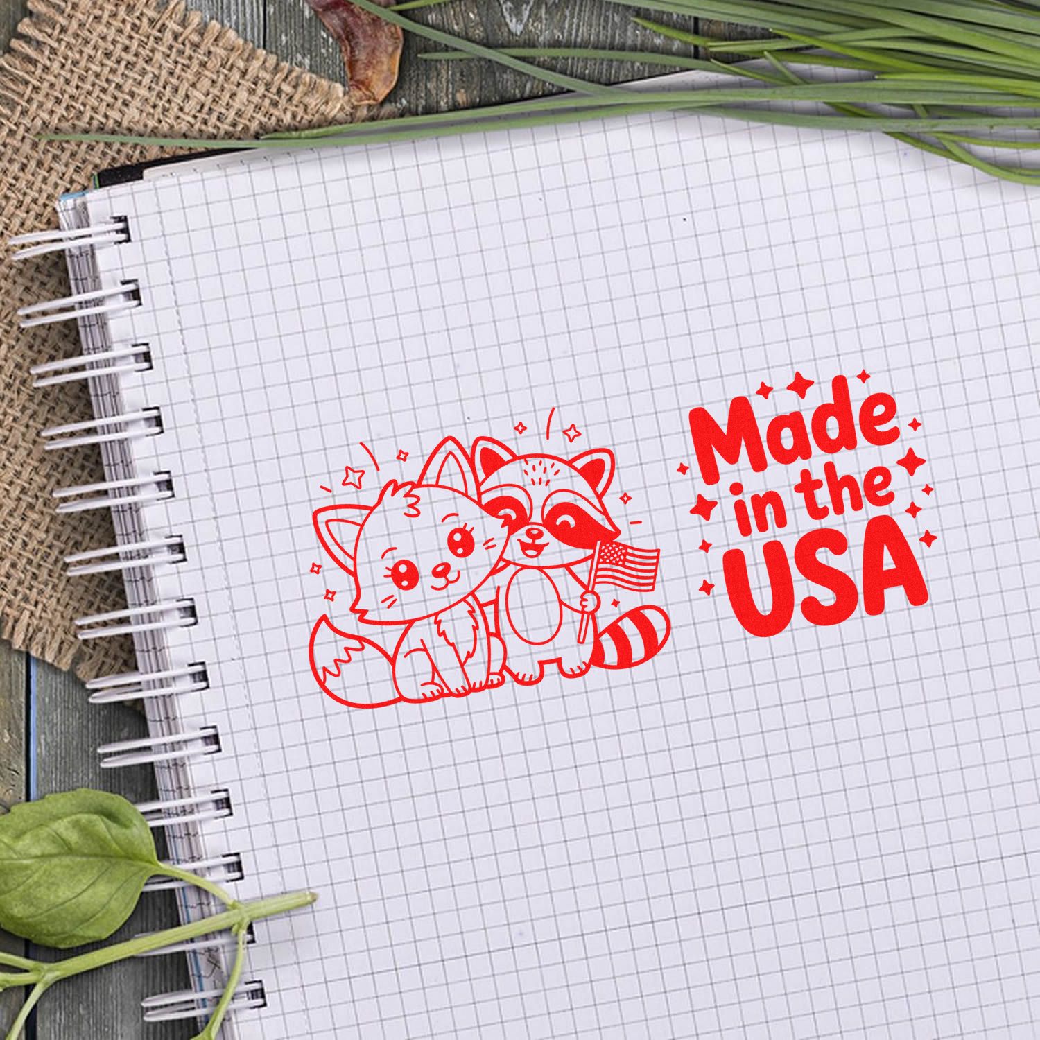 Red stamp and seal design on grid notebook: cute cat and raccoon with Made in the USA text.