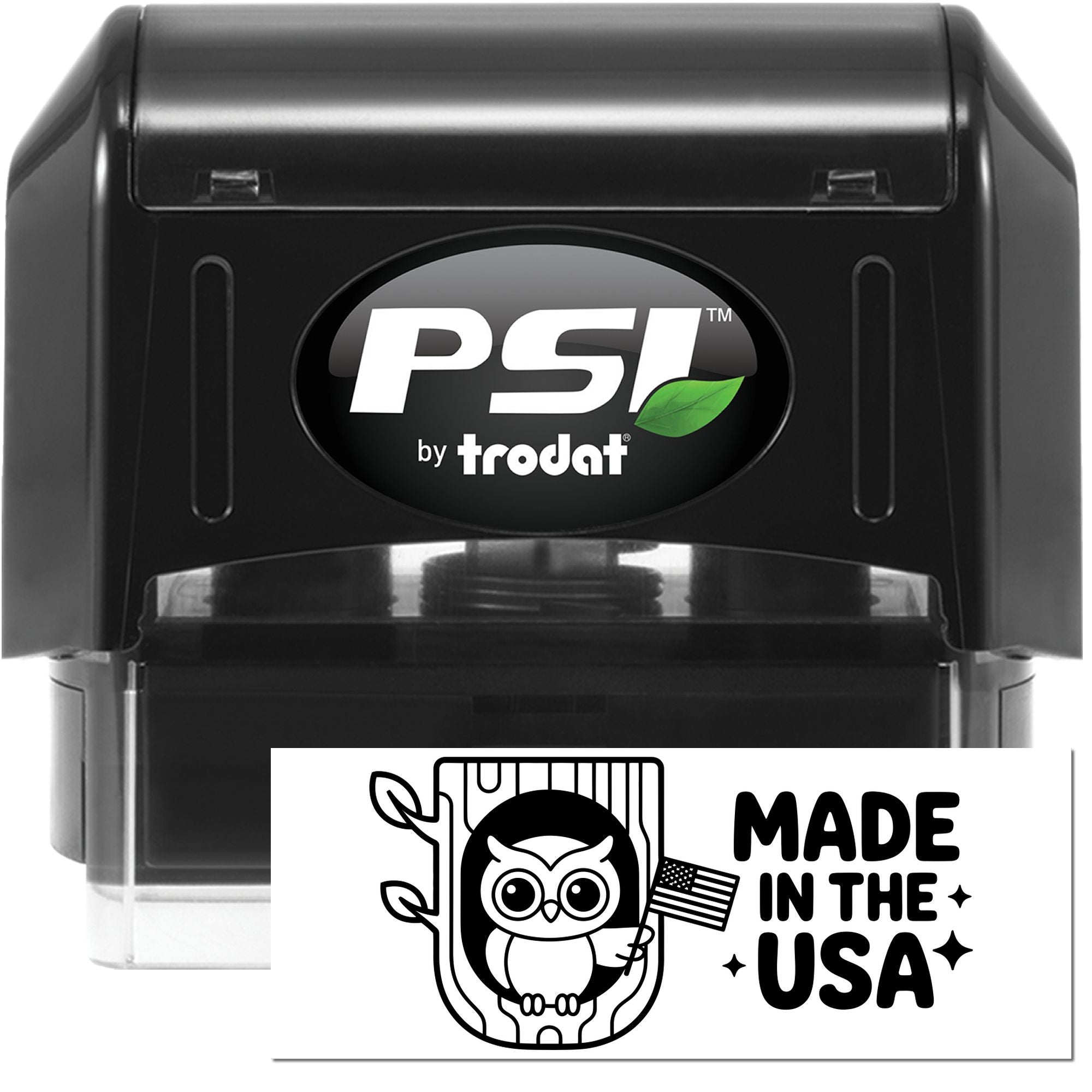 Black PSI by Trodat self-inking stamp with green leaf logo, plus white Made in the USA seal featuring an owl and flag.