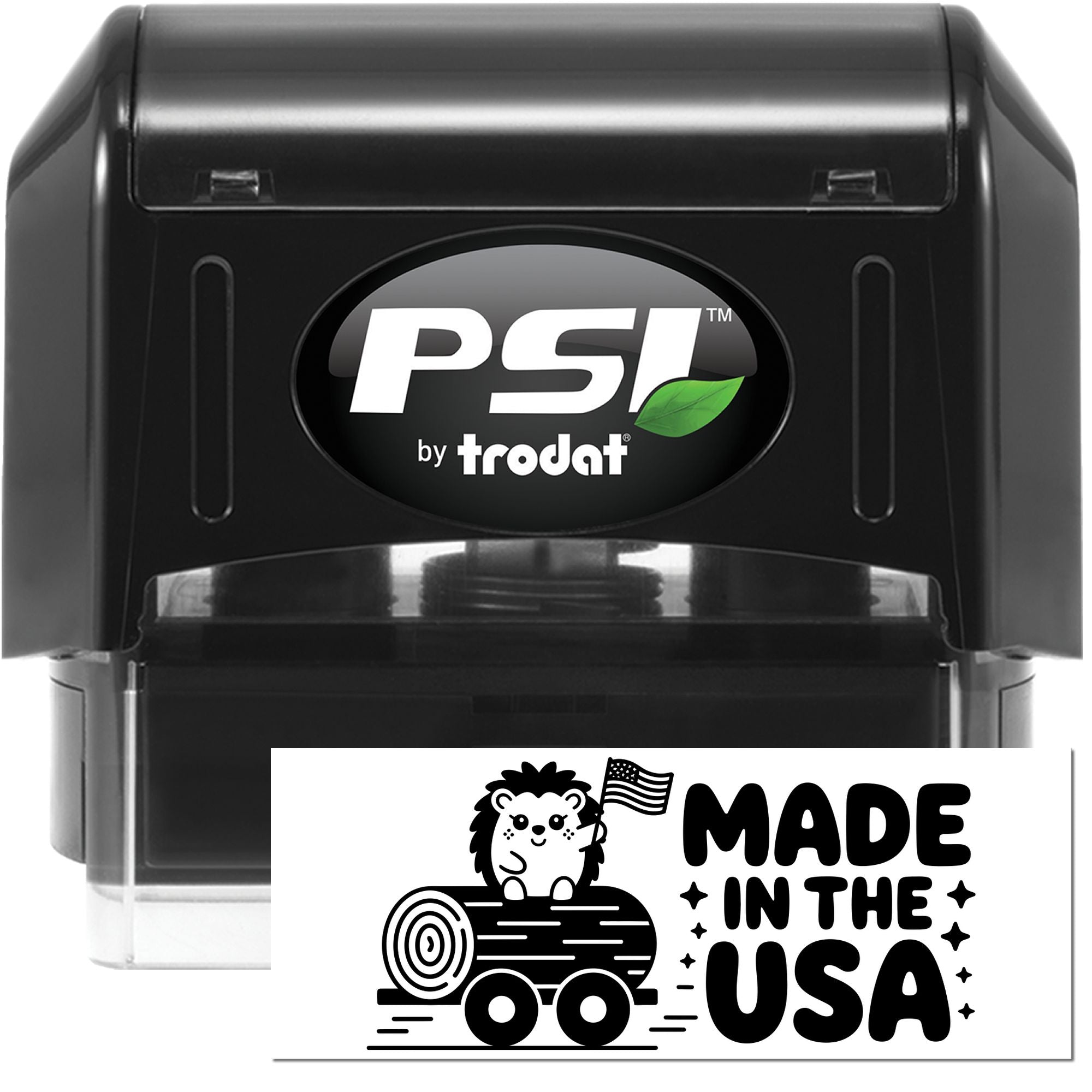 Black PSI by Trodat self-inking stamp and custom seal with white Made in the USA graphic and green leaf logo.