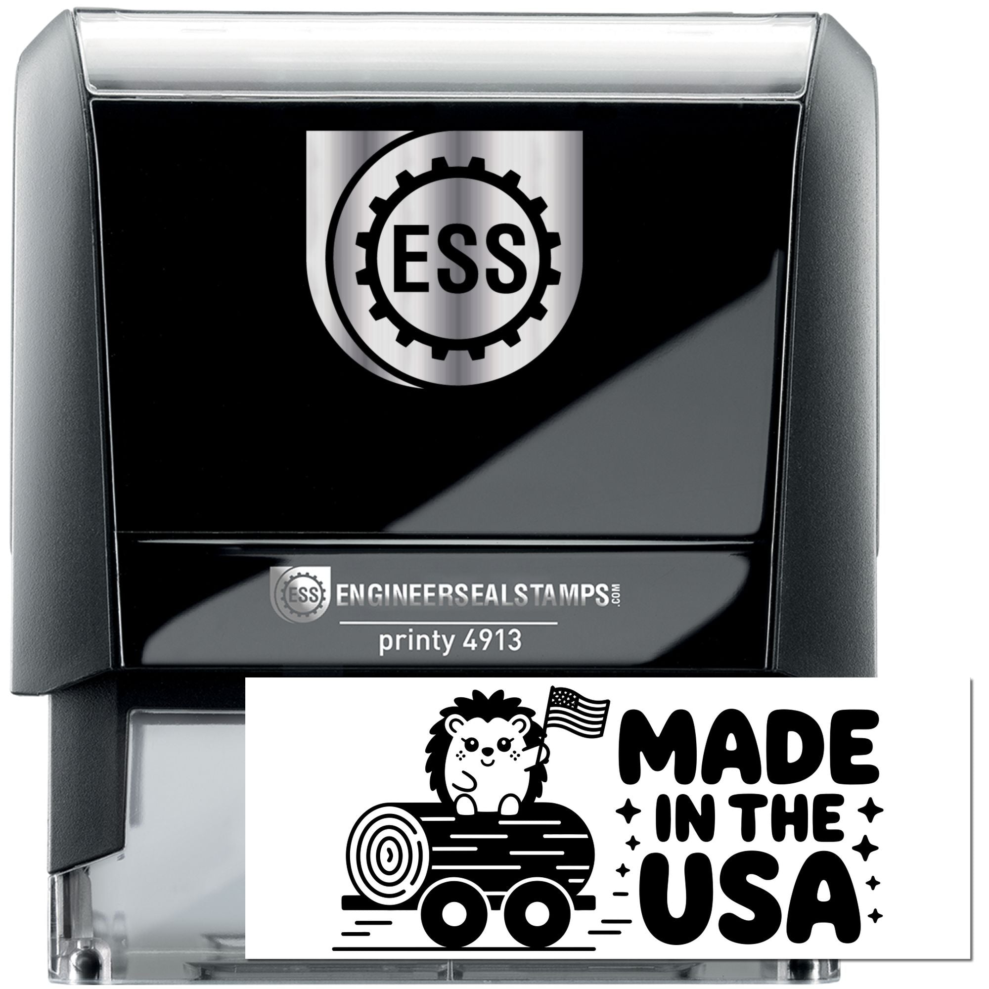 Black self-inking stamp and seal with silver top, ESS gear logo, and Made in the USA graphic.