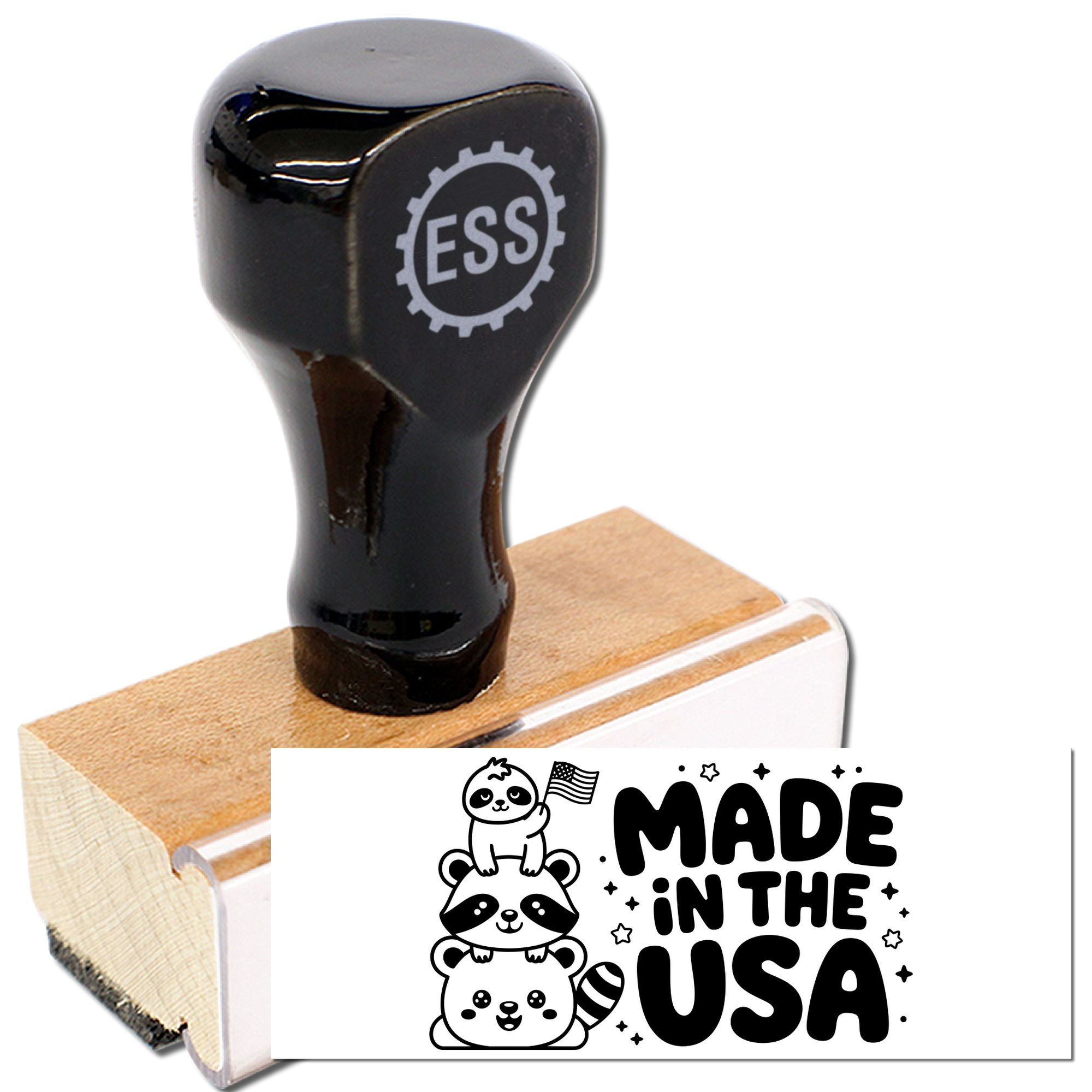 Black custom stamp and seal with ESS logo on a wooden handle, featuring a Made in the USA graphic.