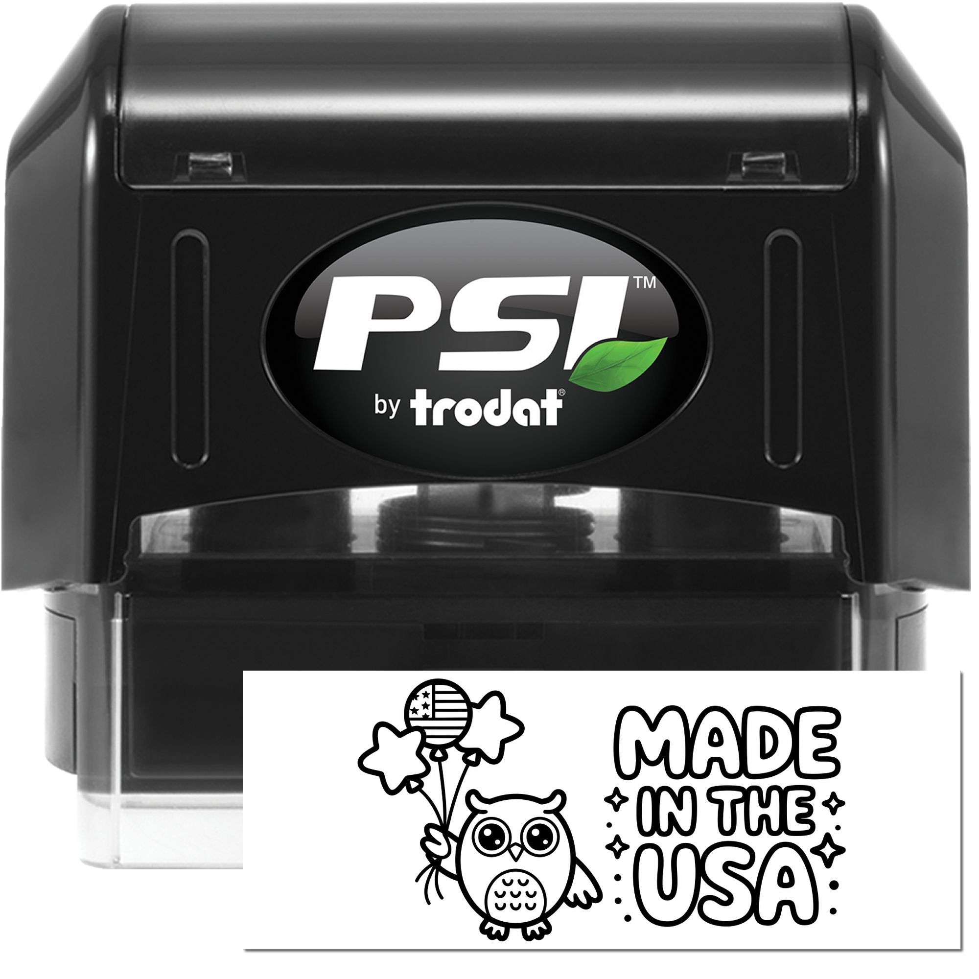 Black PSI by Trodat self-inking stamp with clear base and white Made in the USA seal featuring owl graphic.