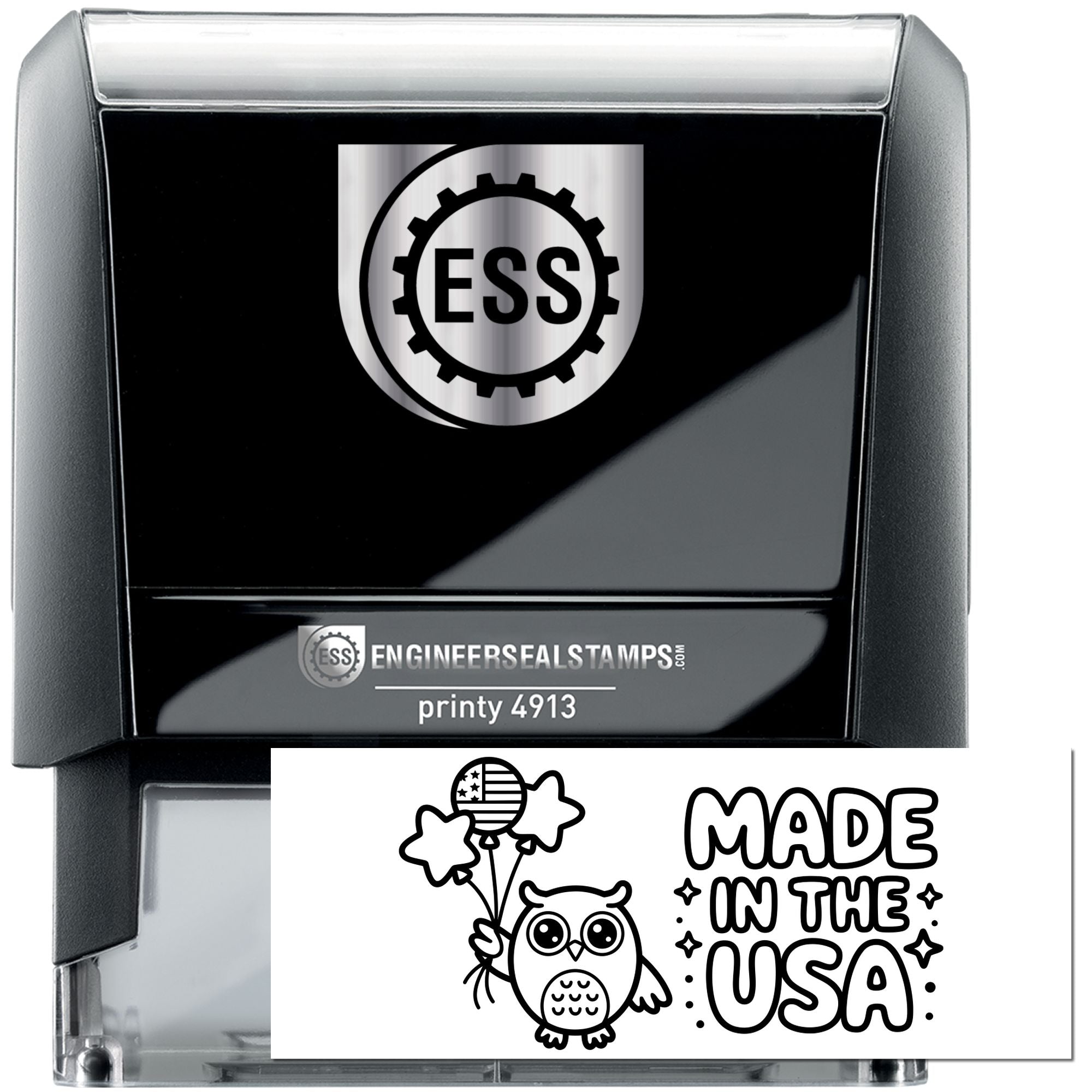 Black self-inking ESS engineer seal stamp with silver top, clear base, and Made in the USA insert.