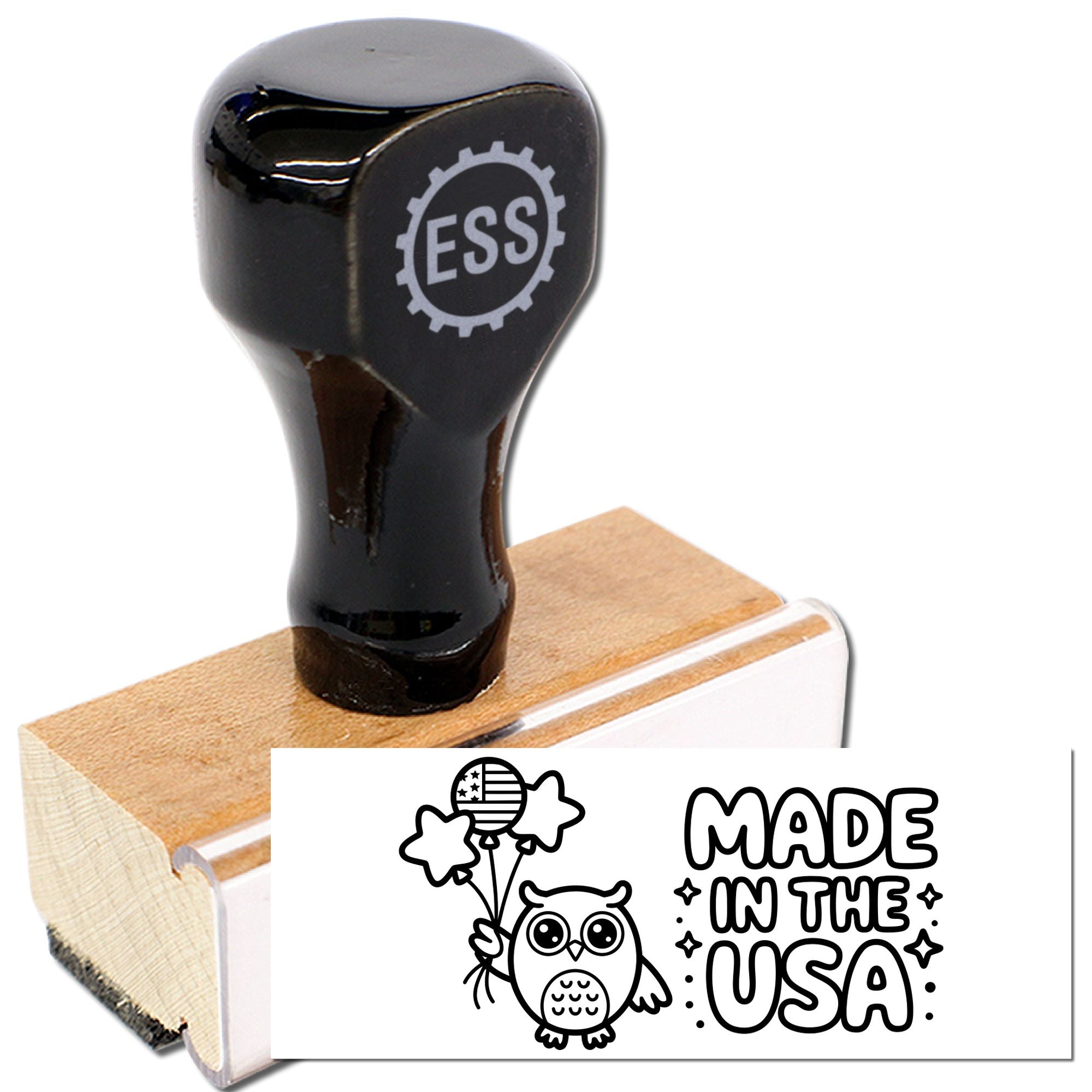 Black ESS rubber stamp and seal set with black handle, wooden block, and Made in the USA owl design.
