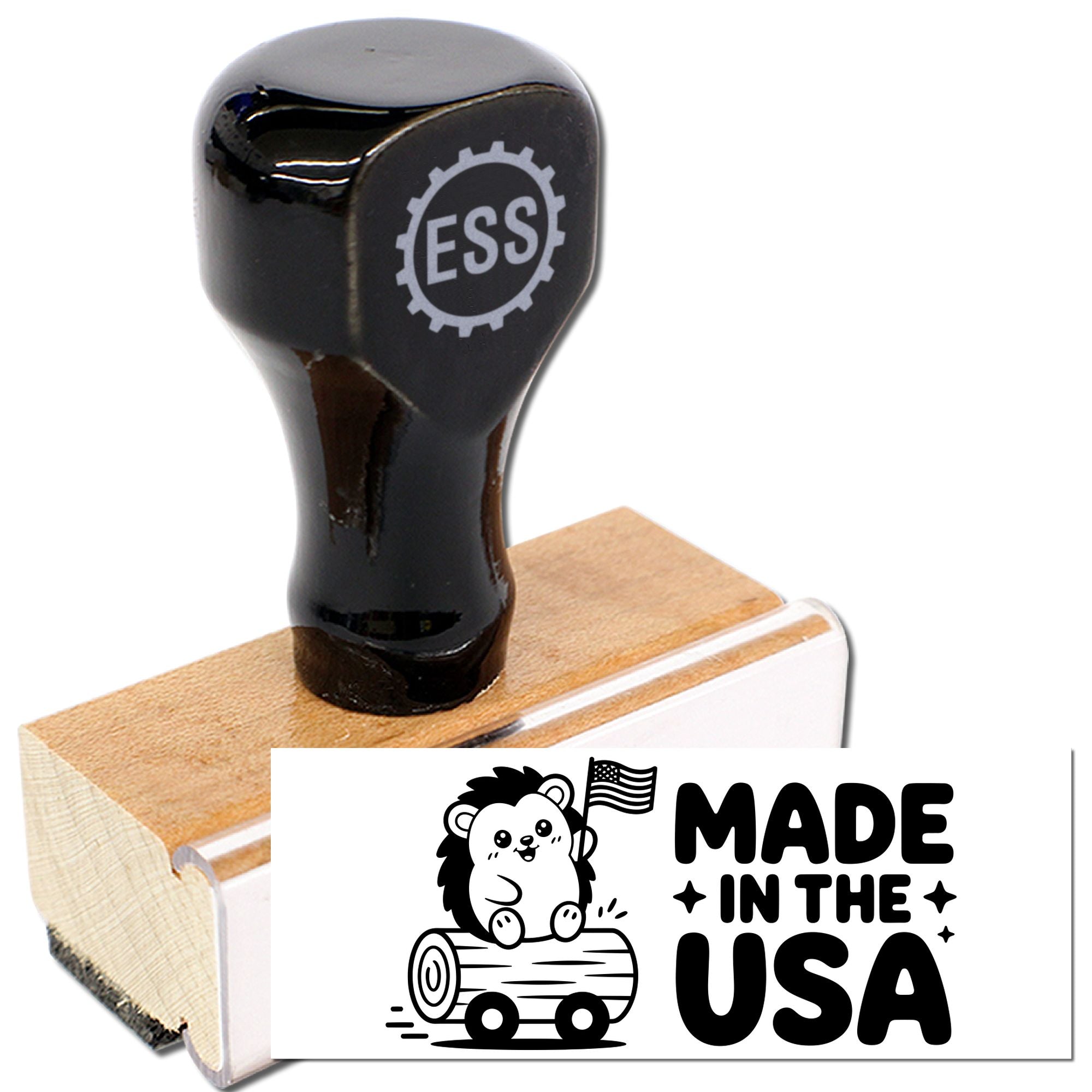 Black ESS rubber stamp and seal with wooden handle, featuring a Made in the USA design on a wood block.