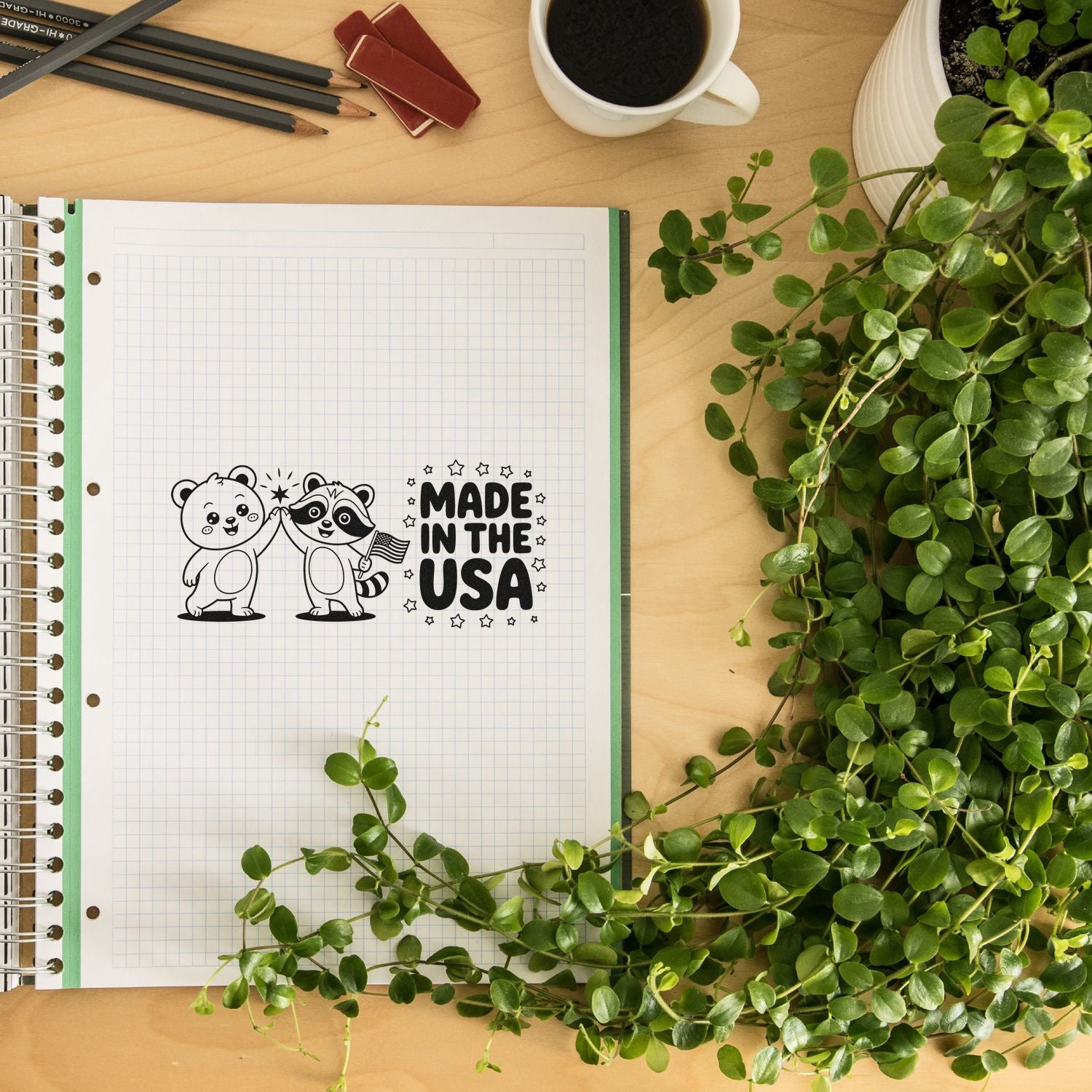 Black custom stamp and seal design with bears and Made in the USA on graph paper notebook, beside green leaves and coffee.