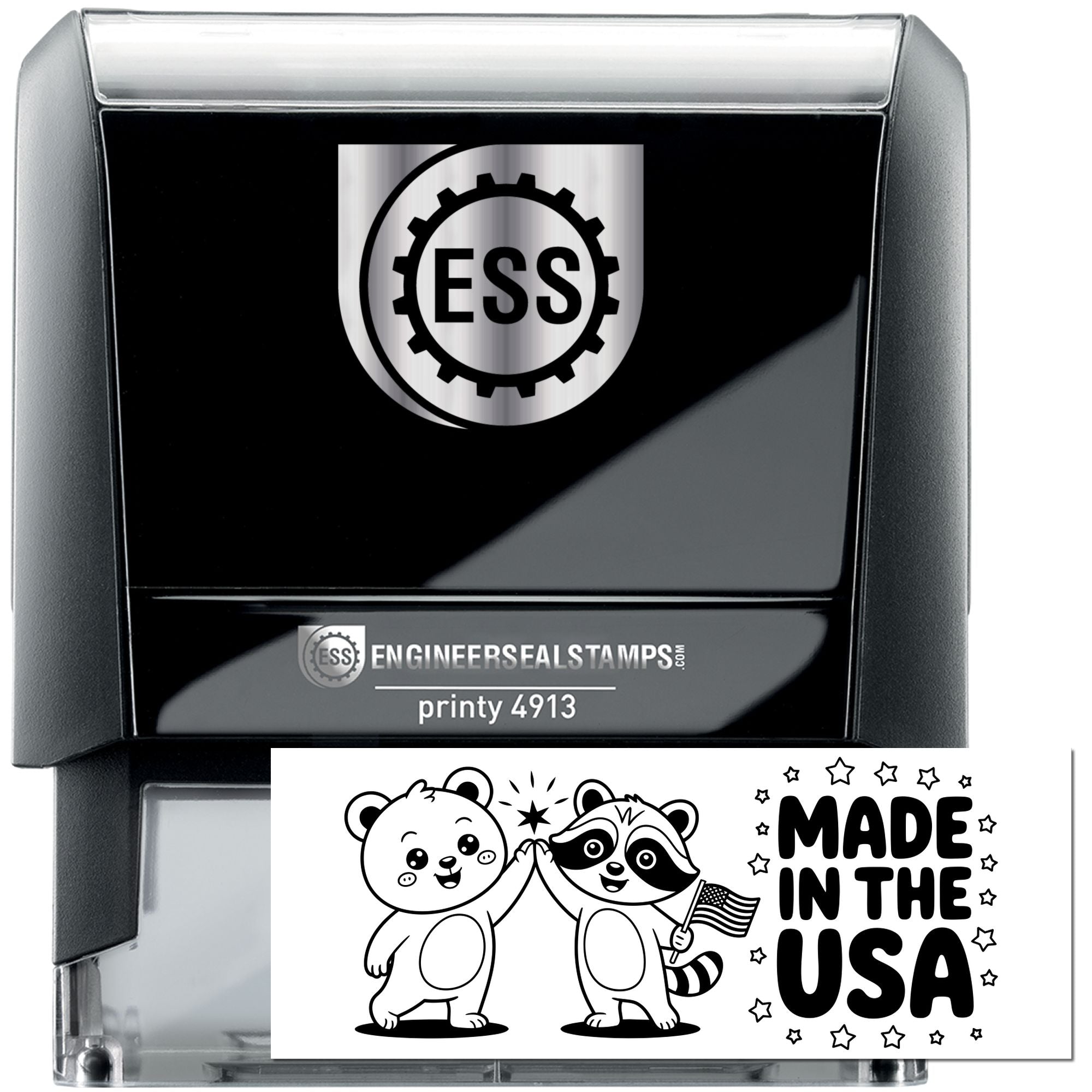 Black self-inking ESS stamp and seal, black with silver trim, featuring gear logo and a Made in the USA bear and raccoon design.