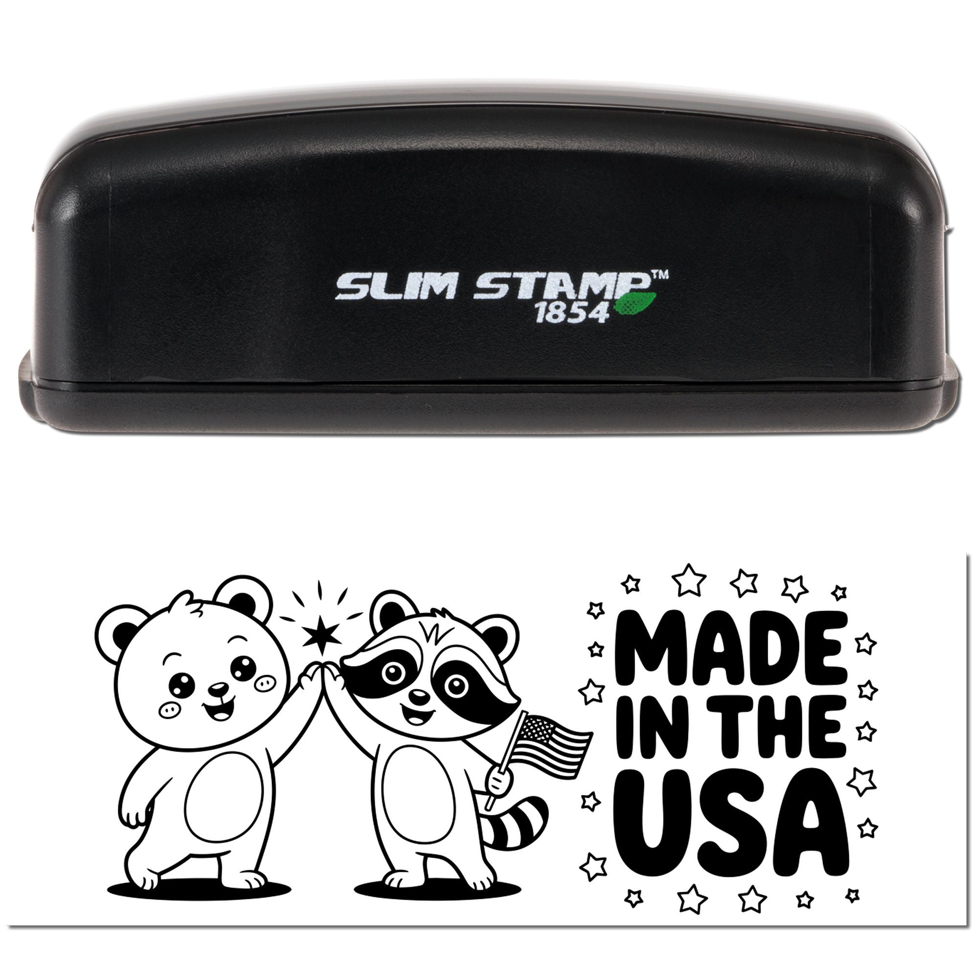 Black Slim Stamp 1854 self-inking stamp and seal with Made in the USA raccoon design in black and white