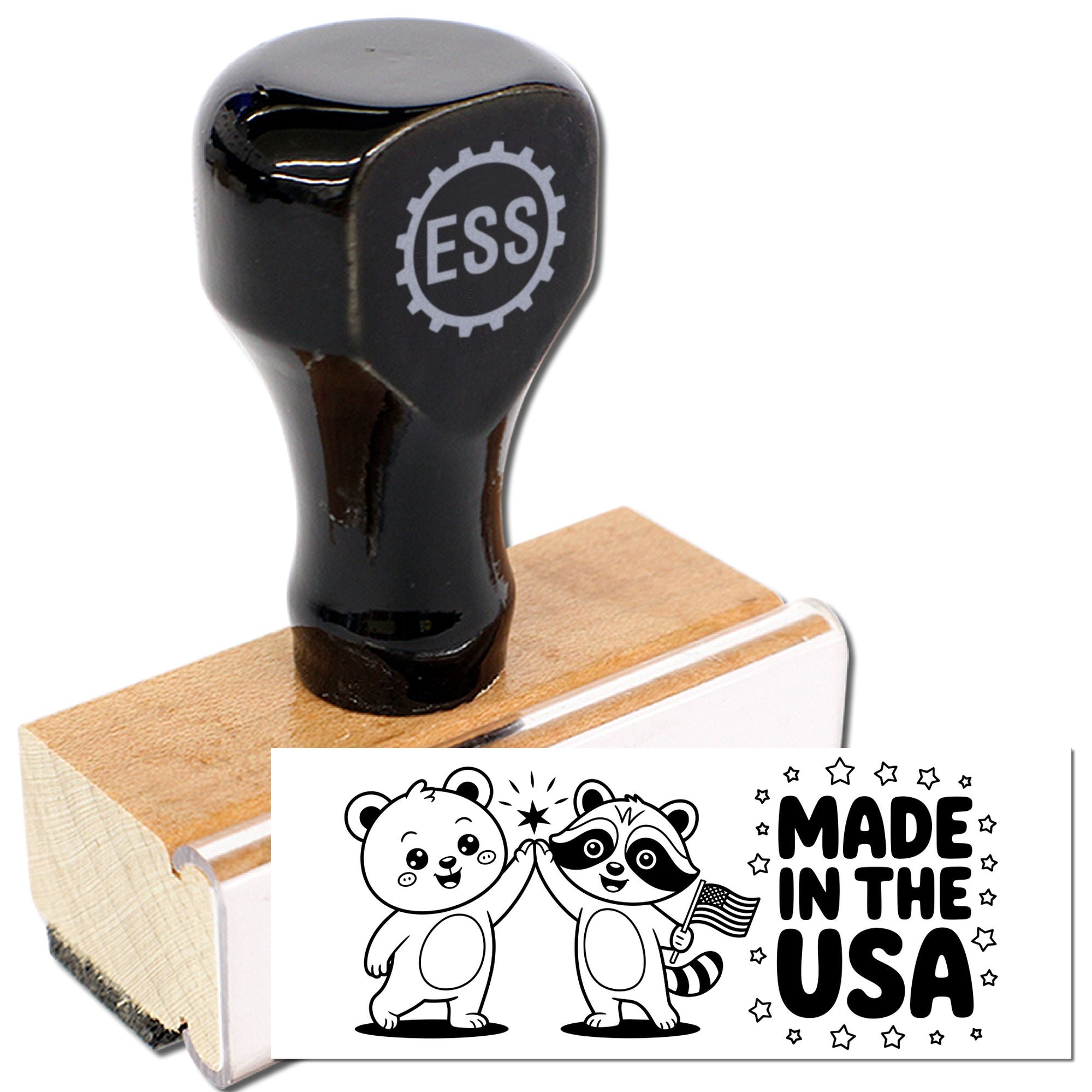 Black ESS stamp and seal with wooden base and Made in the USA cartoon animal imprint.
