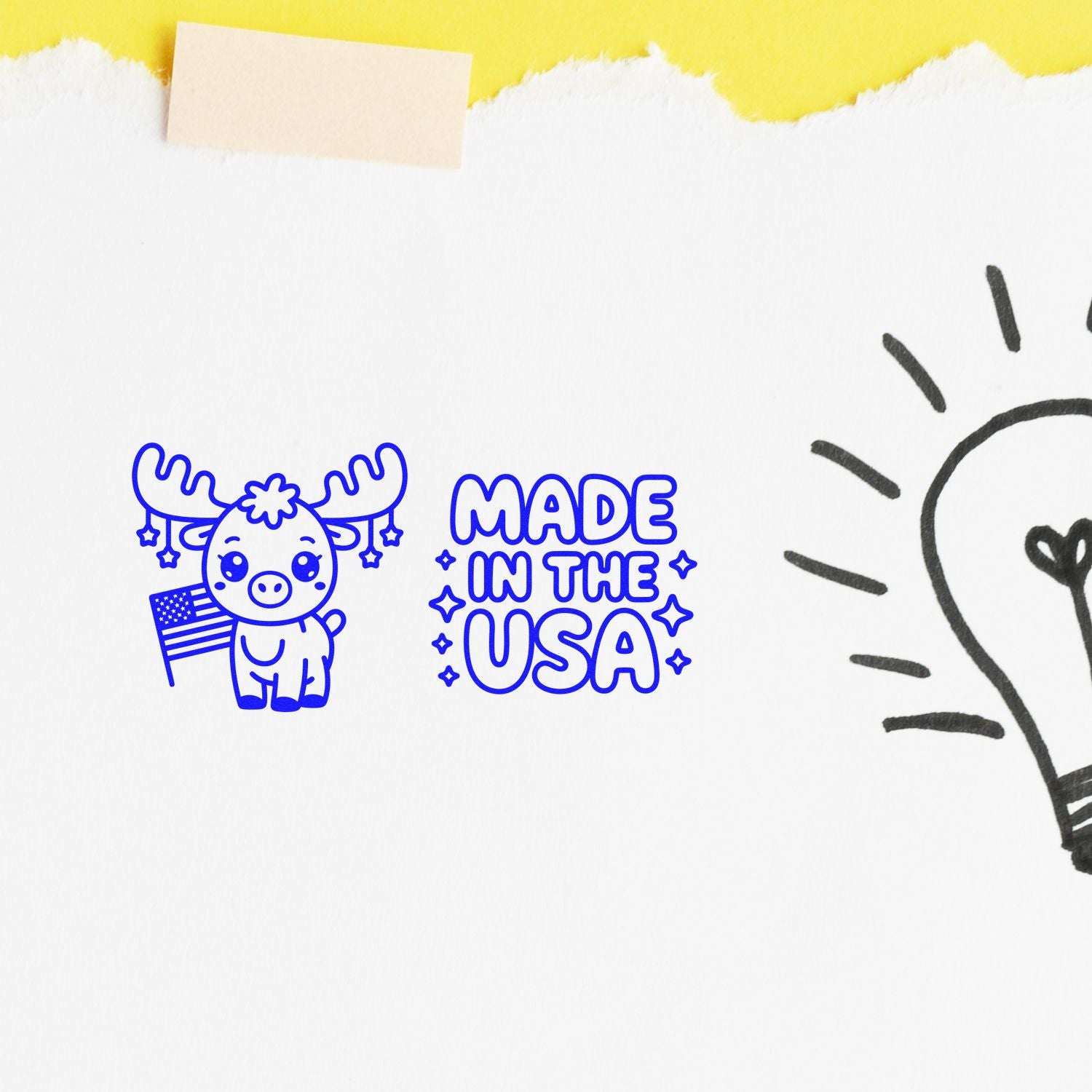 Blue stamp and seal reading Made in the USA with reindeer and American flag on white paper, yellow torn edge, black lightbulb sketch.
