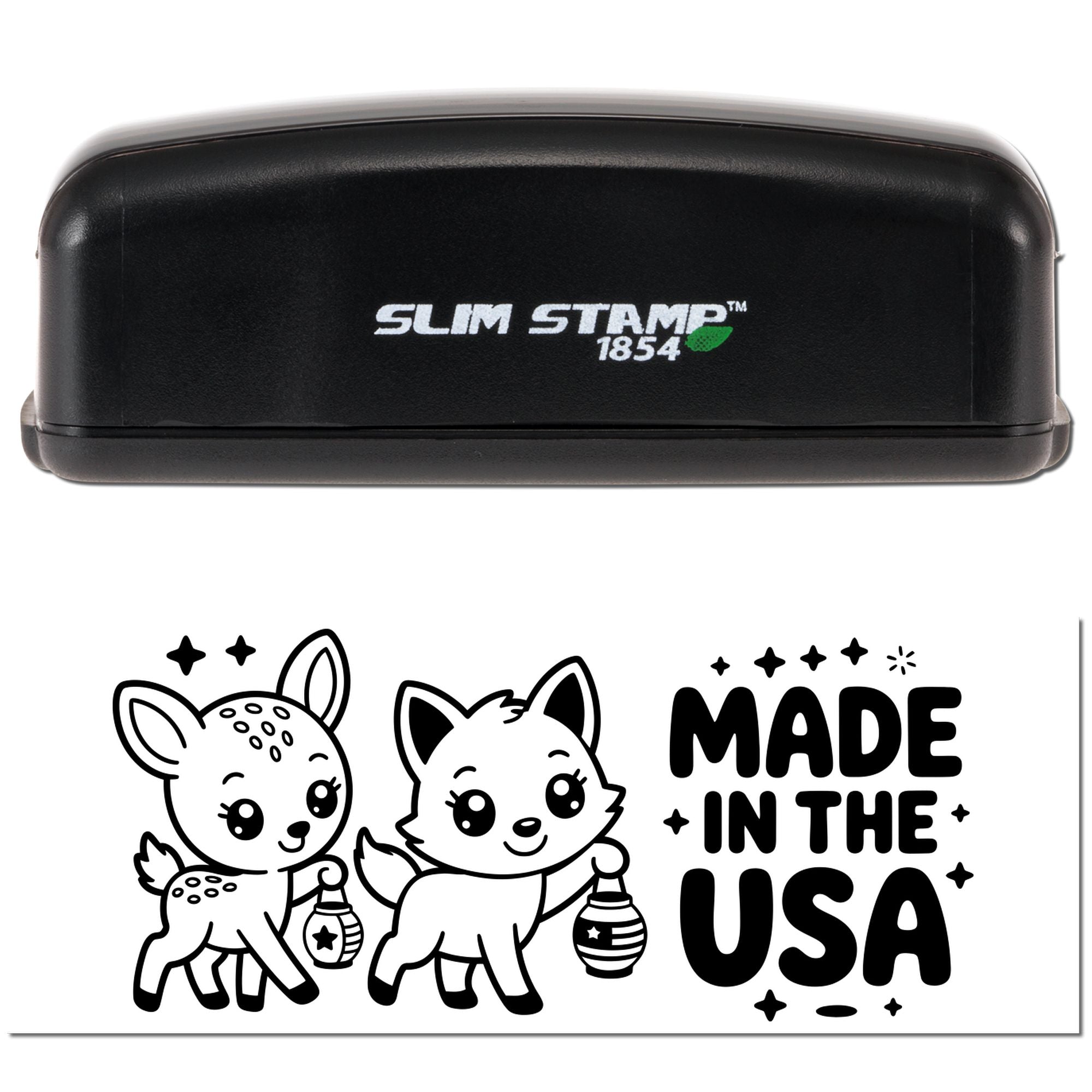 Black Slim Stamp 1854 self-inking stamp and seal with cute deer and fox design, Made in the USA text on white background.