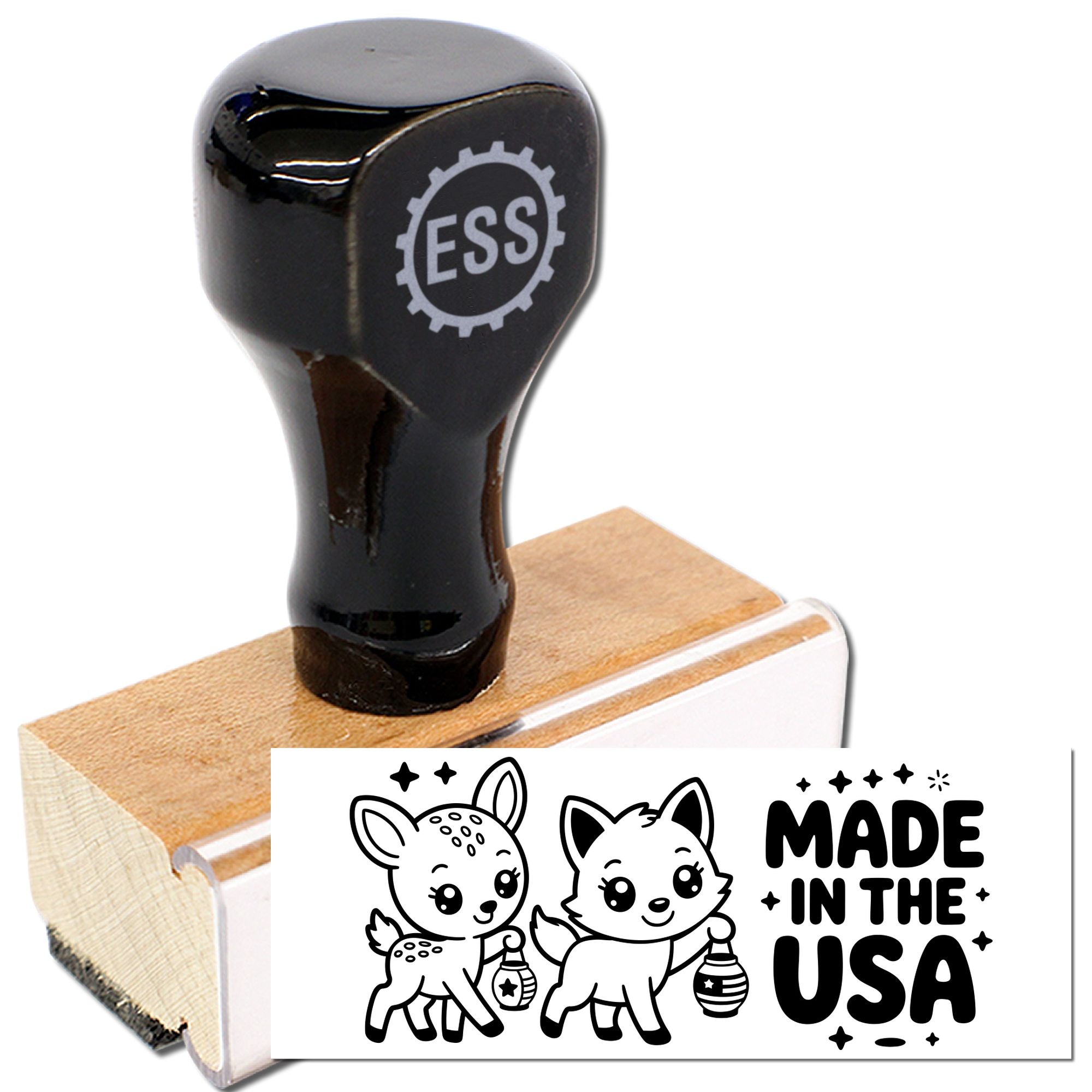 Black rubber stamp with ESS logo on a tan wood base, showing a seal design with cute deer, fox, and Made in the USA text.