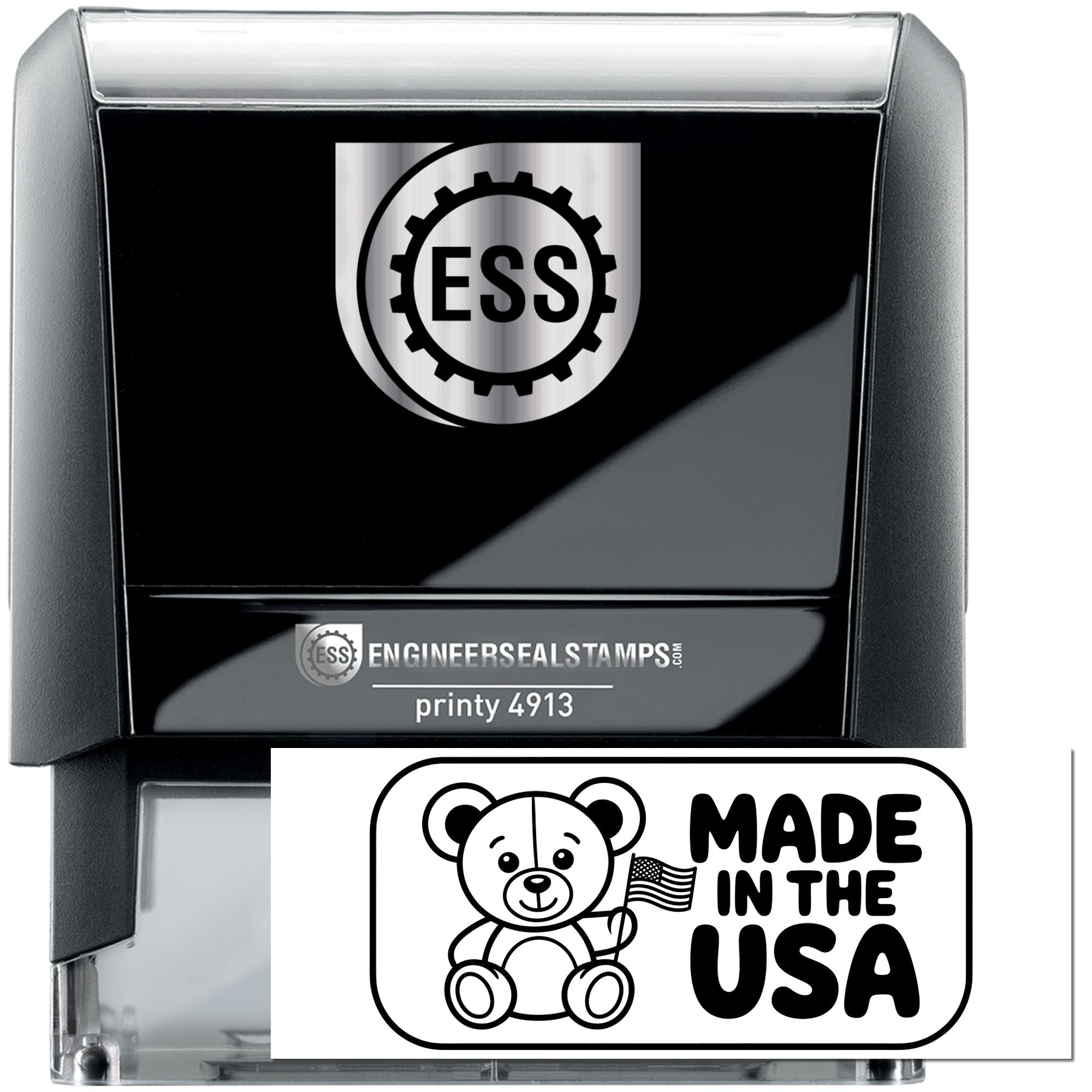 Black self-inking ESS stamp and white Made in the USA seal with bear logo on clear housing.