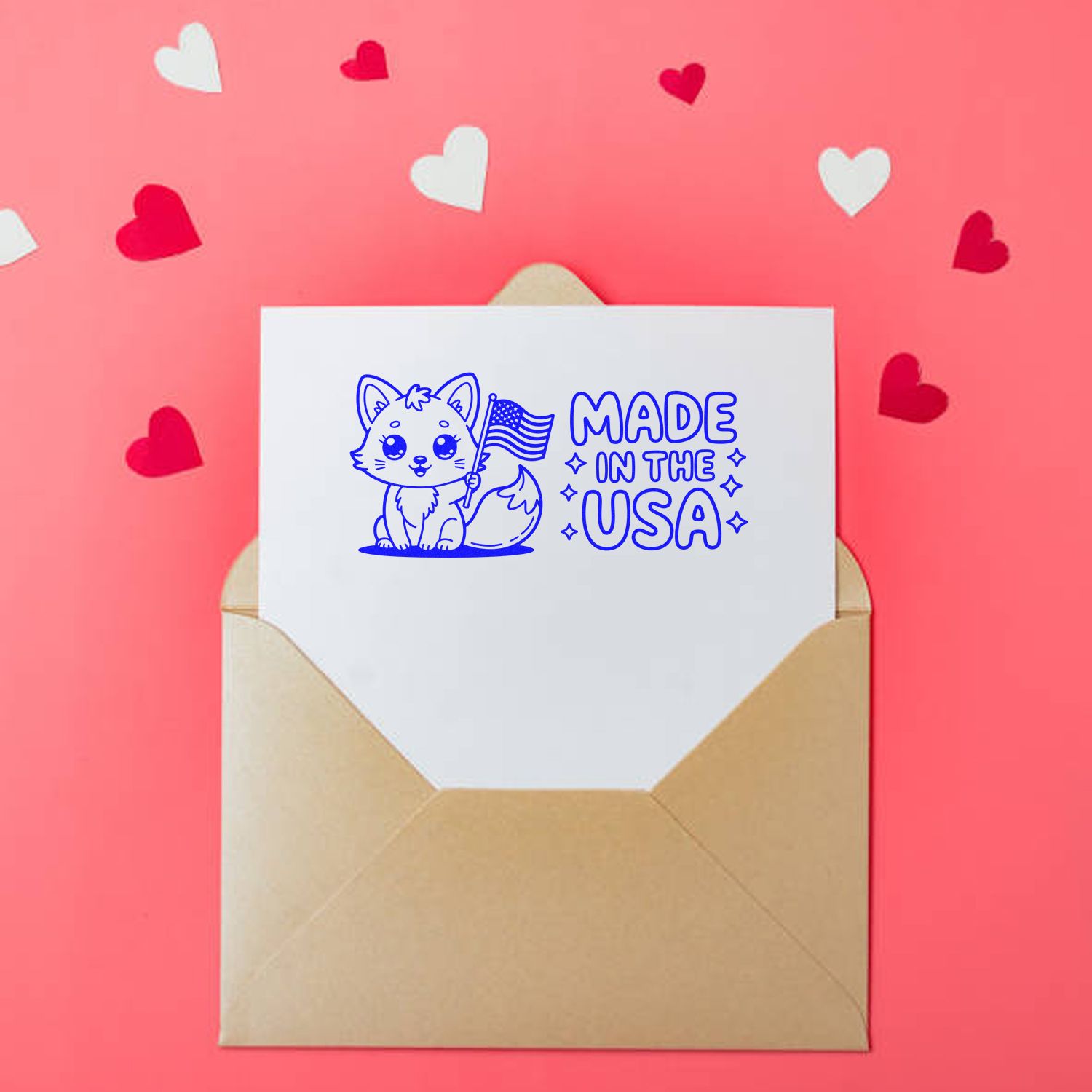 Blue Made in the USA stamp and seal with fox and flag on white card in a tan envelope, on a pink background with hearts.