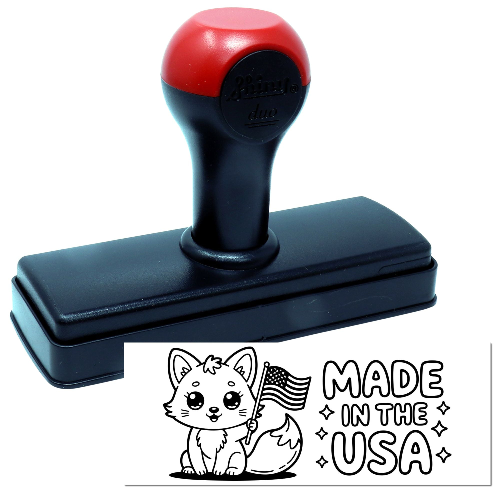 Red-and-black self-inking stamp and seal with fox, U.S. flag, and Made in the USA design on white background.