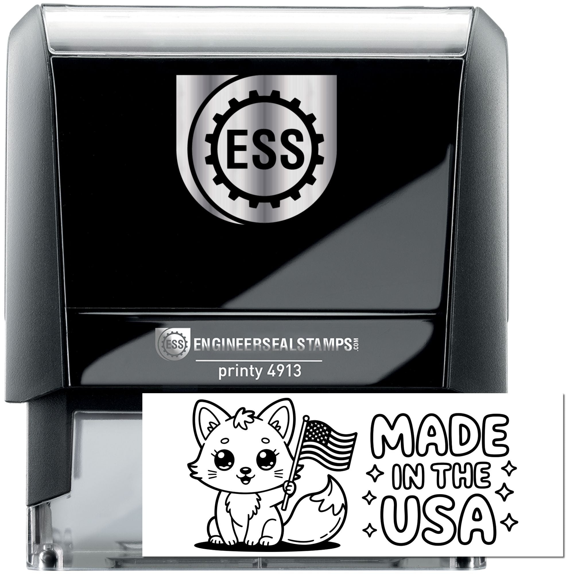 Black ESS self-inking stamp and seal with silver logo and fox Made in the USA imprint.