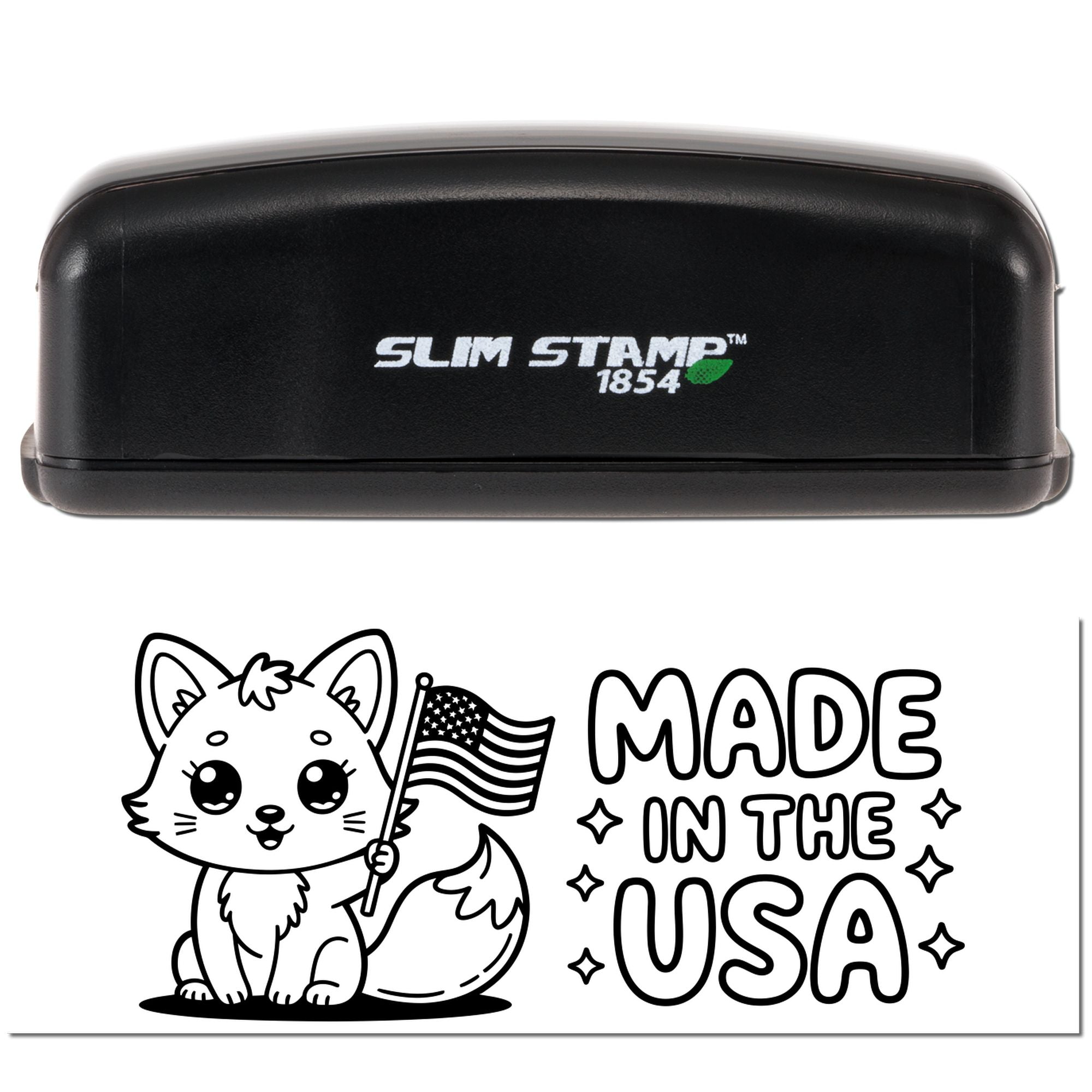 Black Slim Stamp 1854 self-inking stamp with fox and U.S. flag design, showing a crisp Made in the USA seal.