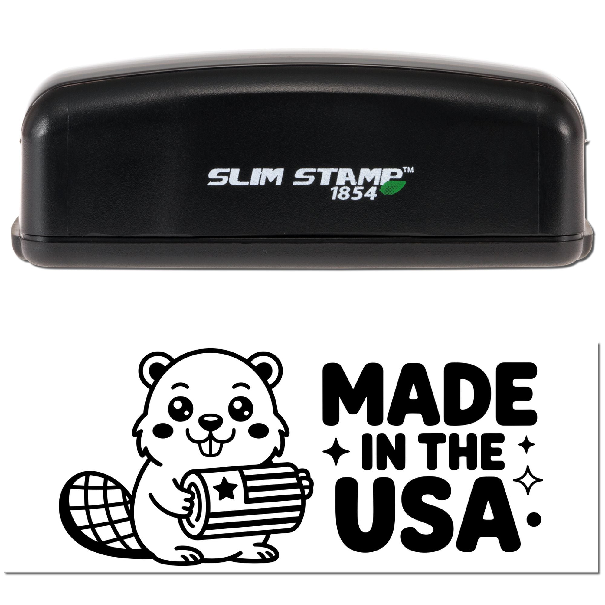 Black Slim Stamp 1854 embosser and Made in the USA seal with beaver logo, in black and white.