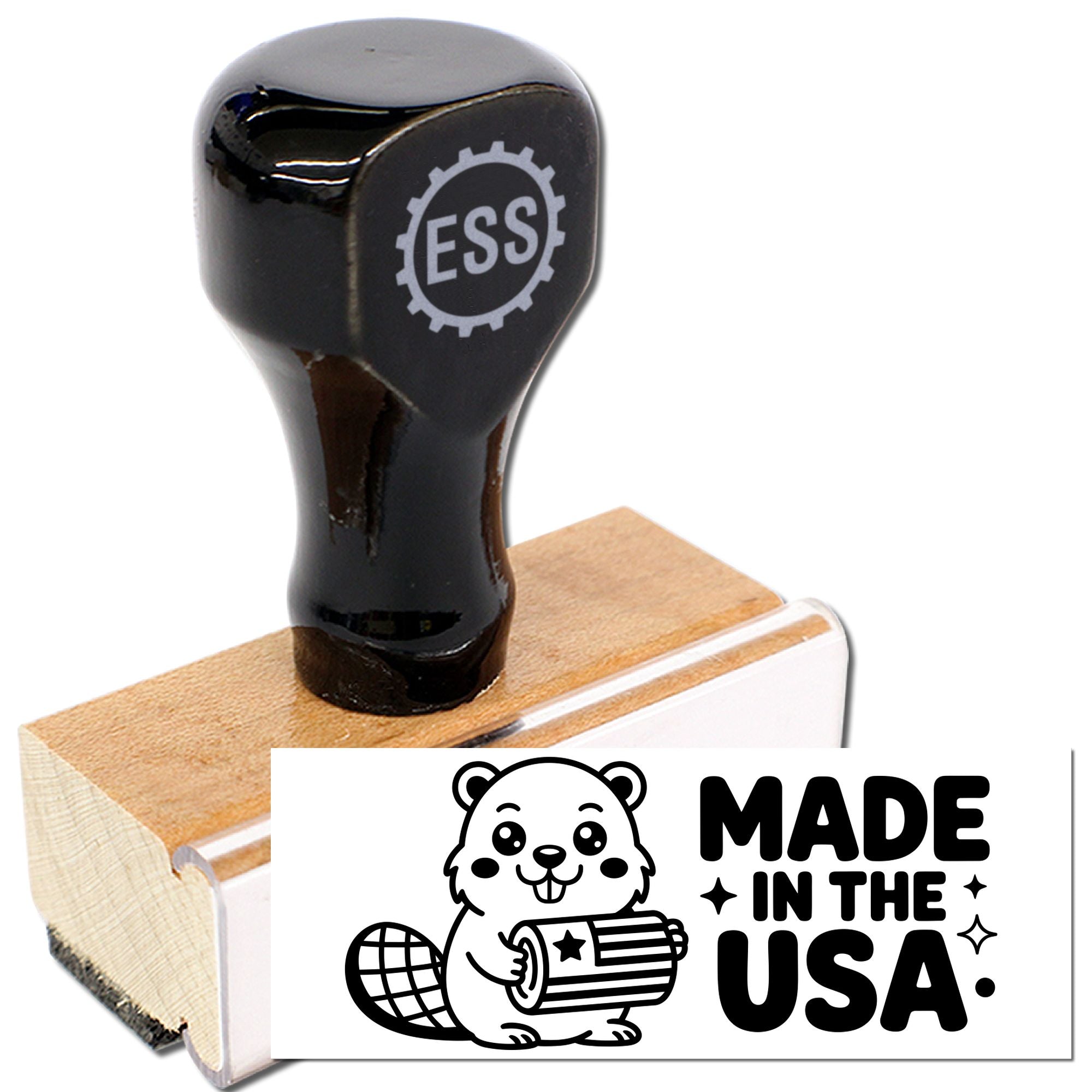 Black ESS self-inking rubber stamp on wooden base with white Made in the USA seal and bear graphic.
