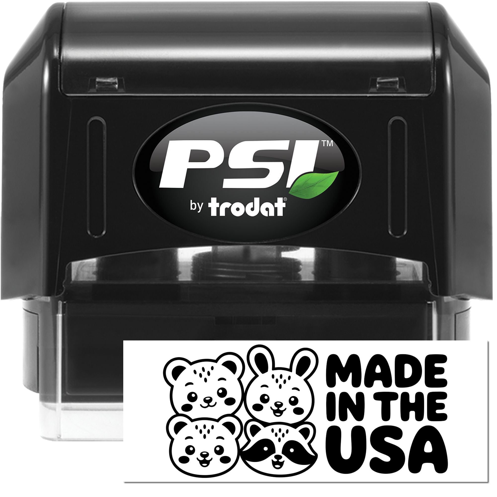 Black PSI by Trodat self-inking stamp with a white Made in the USA seal and black animal icons.